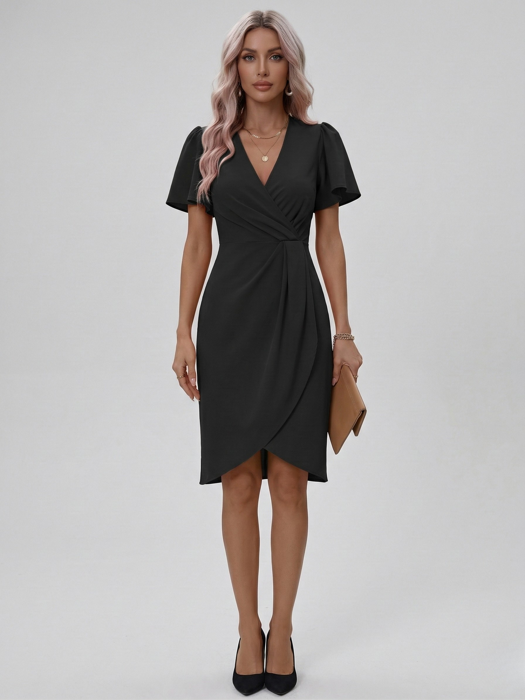 Elegant women's dress with V-neck, midi wrap dress, short sleeves, slim fit