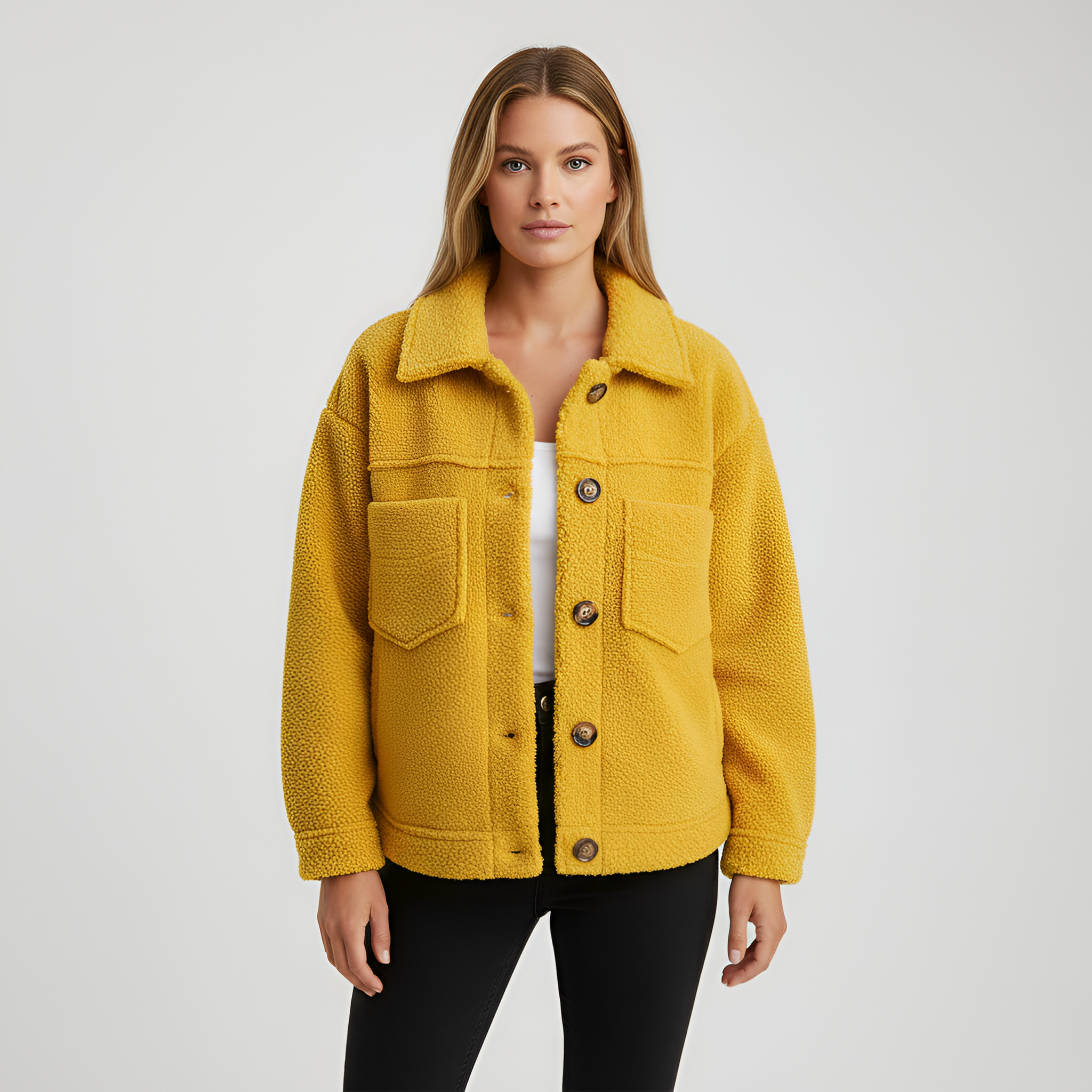 Valerios Fashion casaco teddy feminino em fleece com botões e corte regular