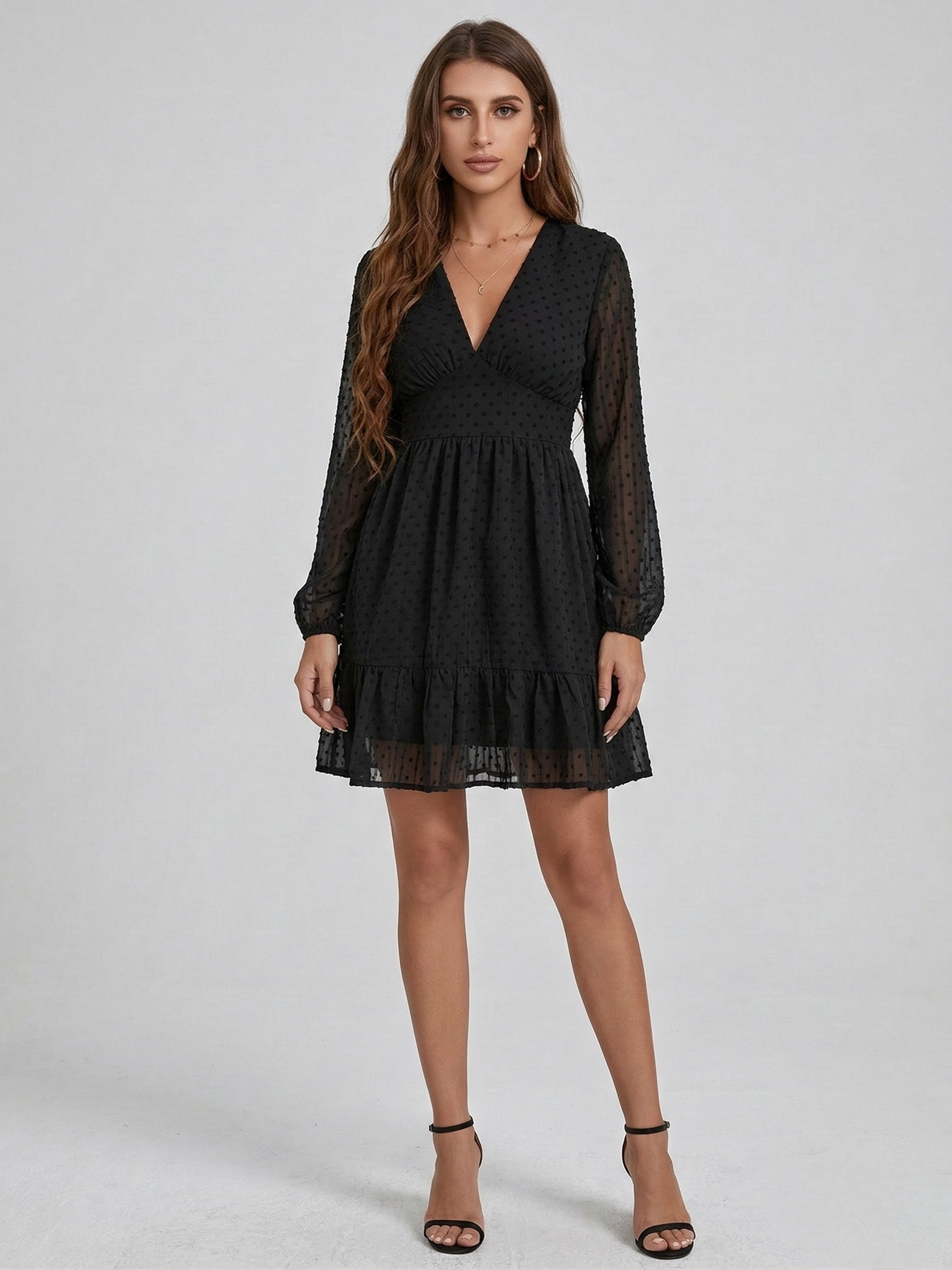 Dámske krátke šaty s výstrihom do V, dlhé rukávy, elegantné šifónové šaty s volánmi