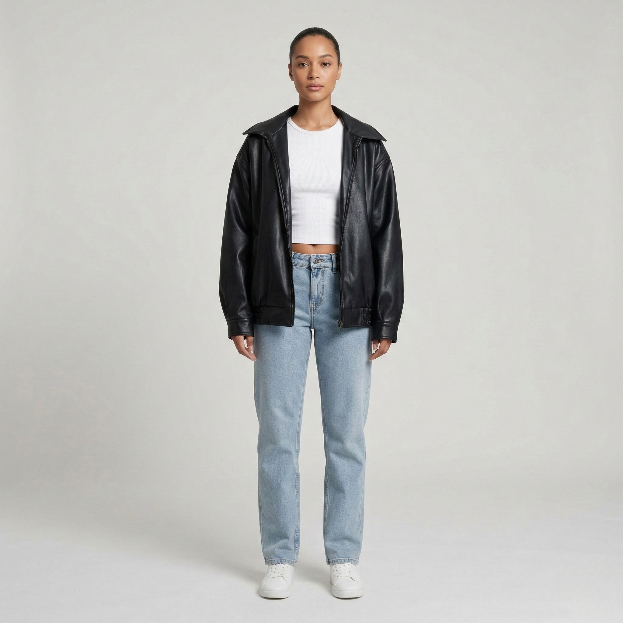 Casaco de senhora oversize em pele sintética com fecho de correr, blusão casual estilo biker