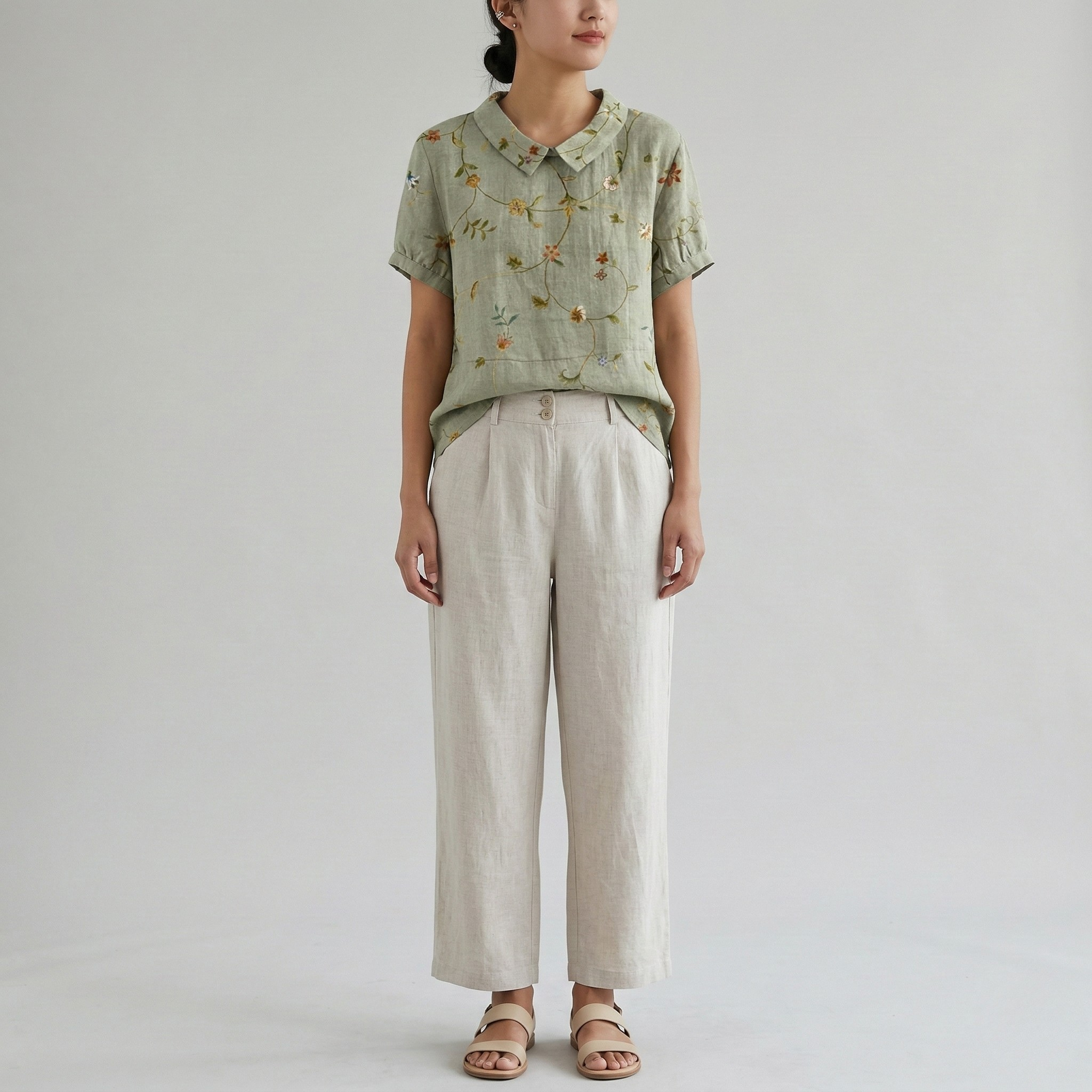 Női rövid ujjú pamut ing virágmintával, nyári alkalmi blúz