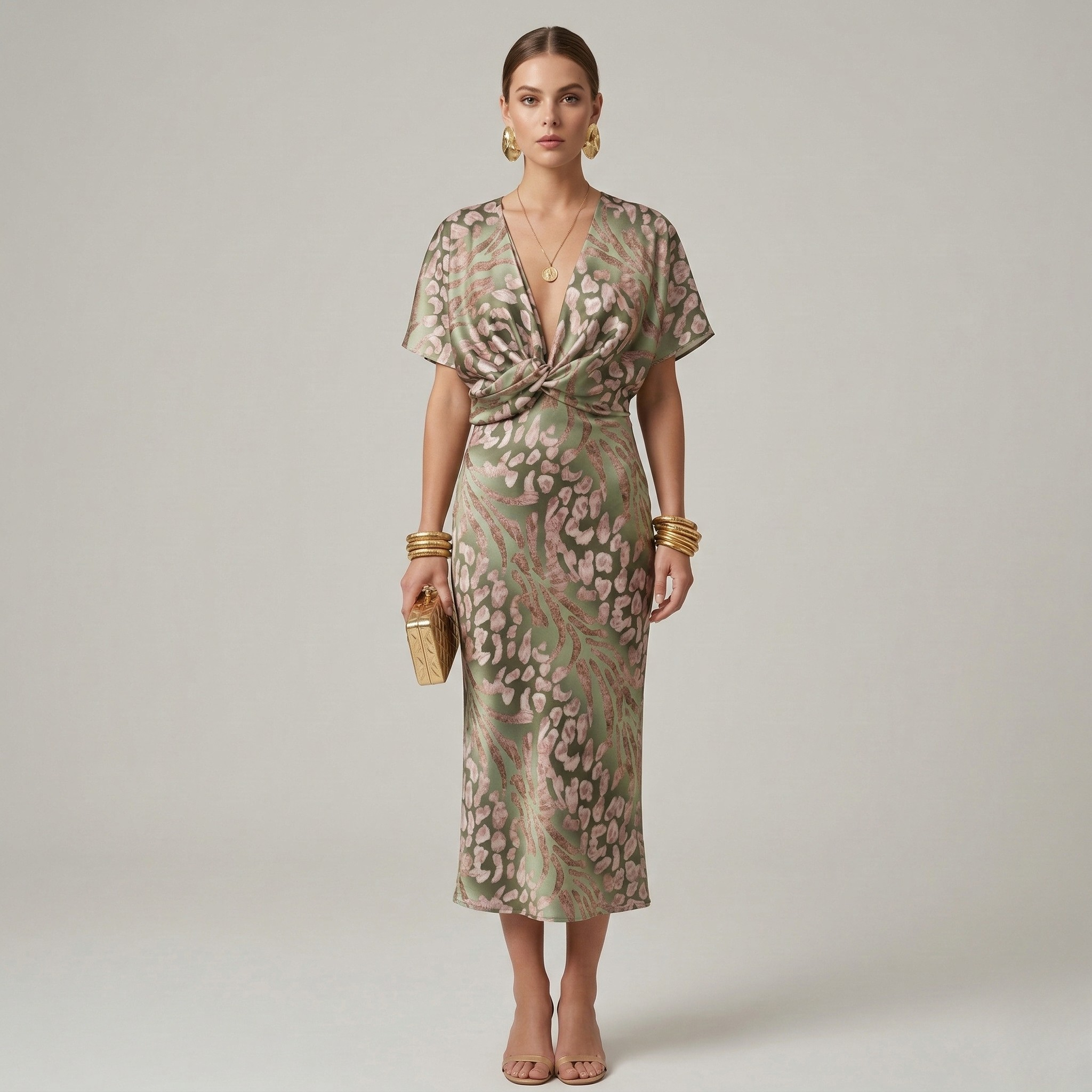 Vestido de mujer elegante estampado con escote en V y nudo frontal manga corta