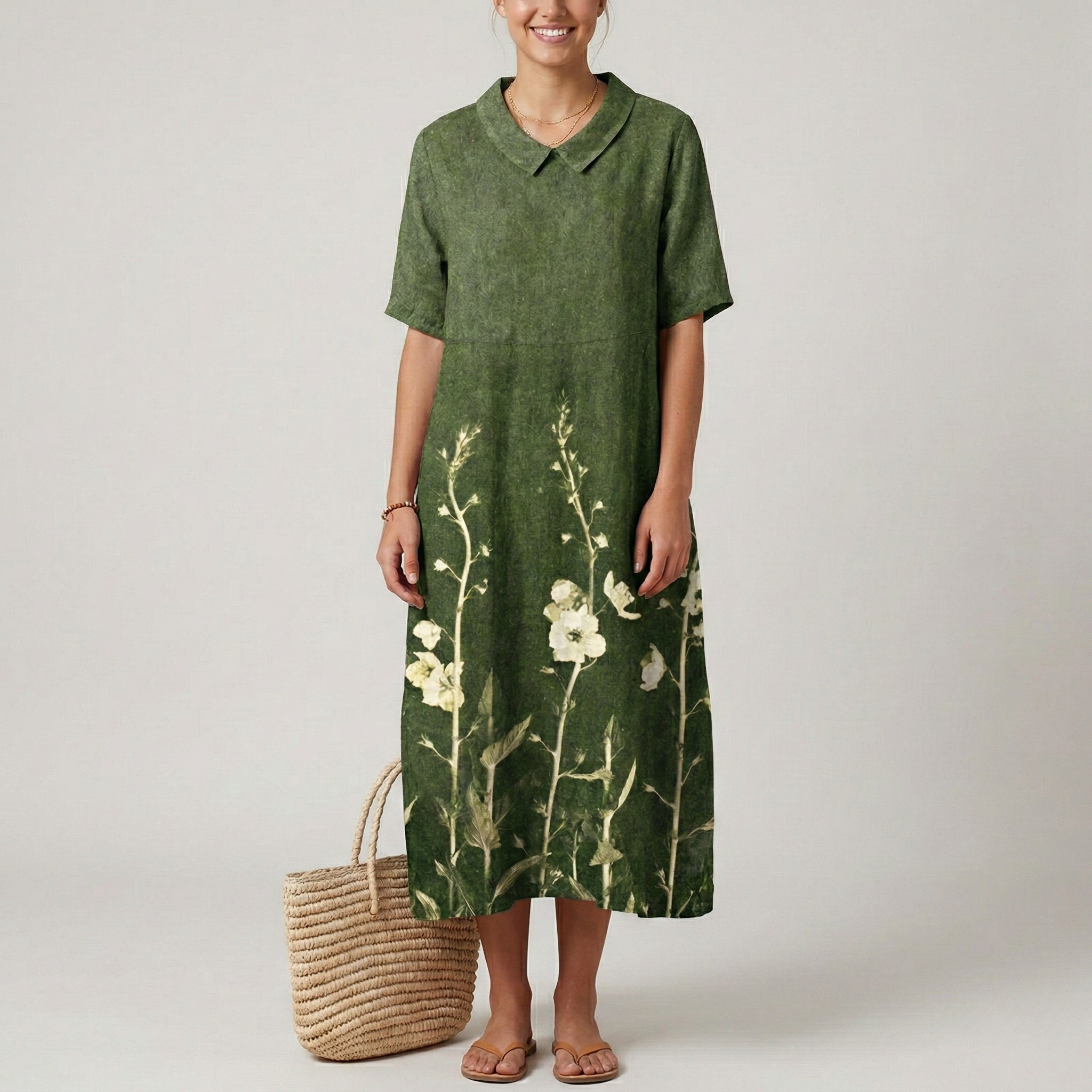 Vestito lungo donna floreale in cotone con scollo a V manica corta