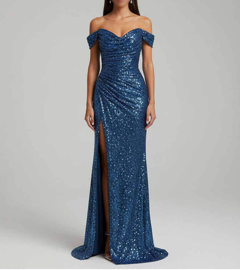 Valerios Fashion abito maxi da sera elegante con paillettes e spacco laterale