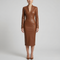 Women's Fitted Leather-Effect Dress with V-Neck and Long Sleeves Midi Dress