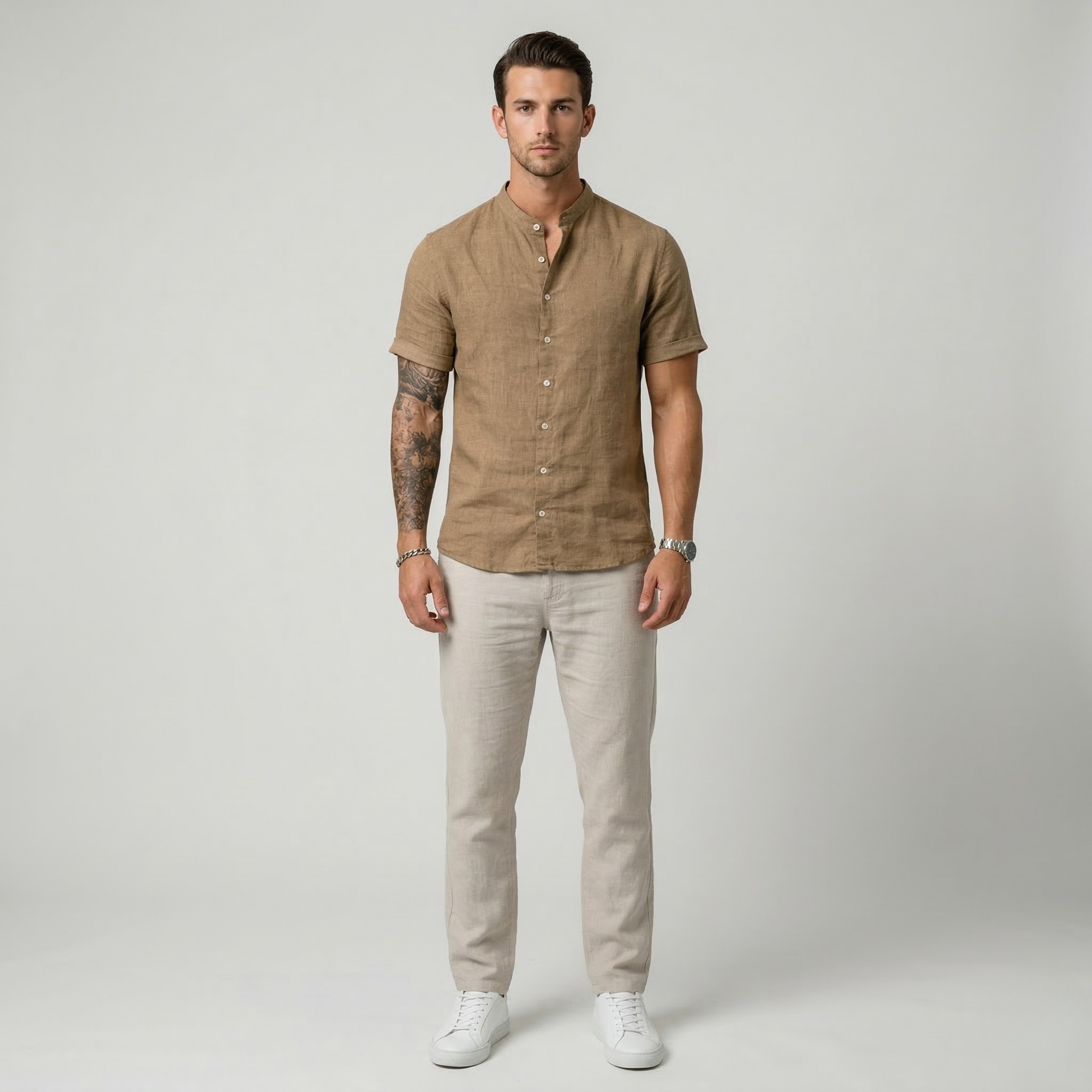 Koszula męska z bawełny i lnu, krótki rękaw, kołnierz koreański, casualowa letnia, zapinana na guziki