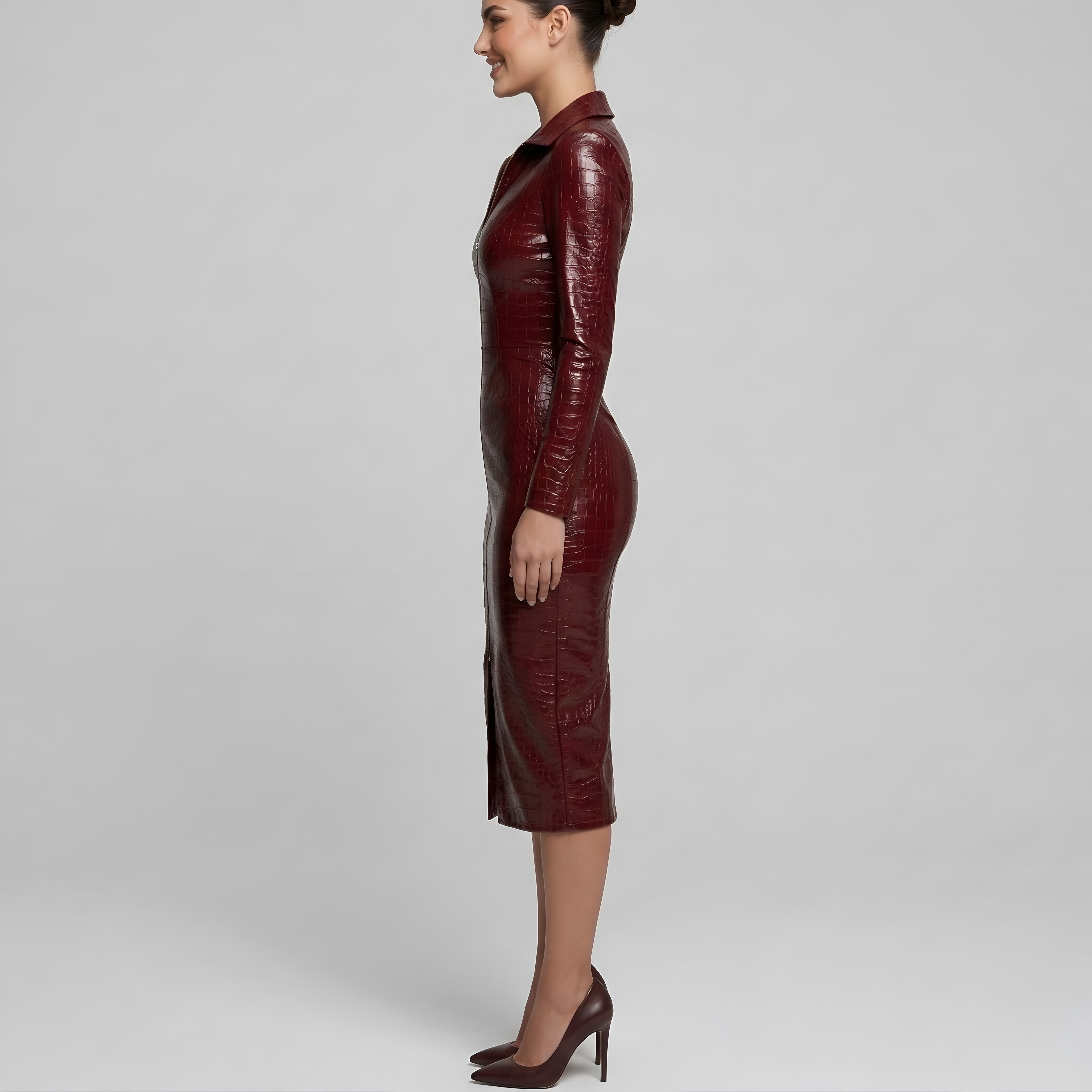 Vestido ajustado de mujer efecto piel con cremallera frontal y mangas largas vestido midi