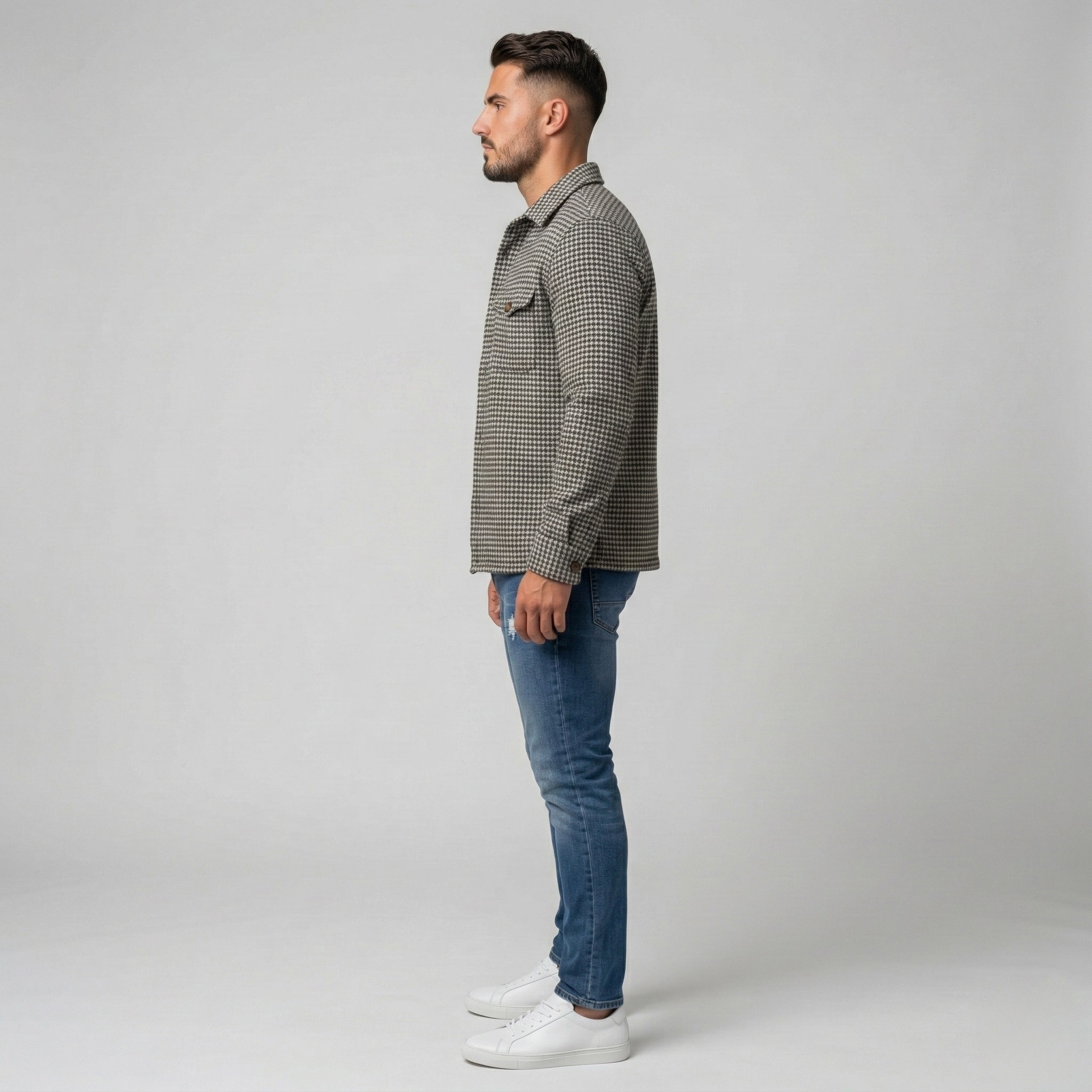 Męska koszula marynarka w kratę z guzikami, overshirt casual, męskie długie rękawy