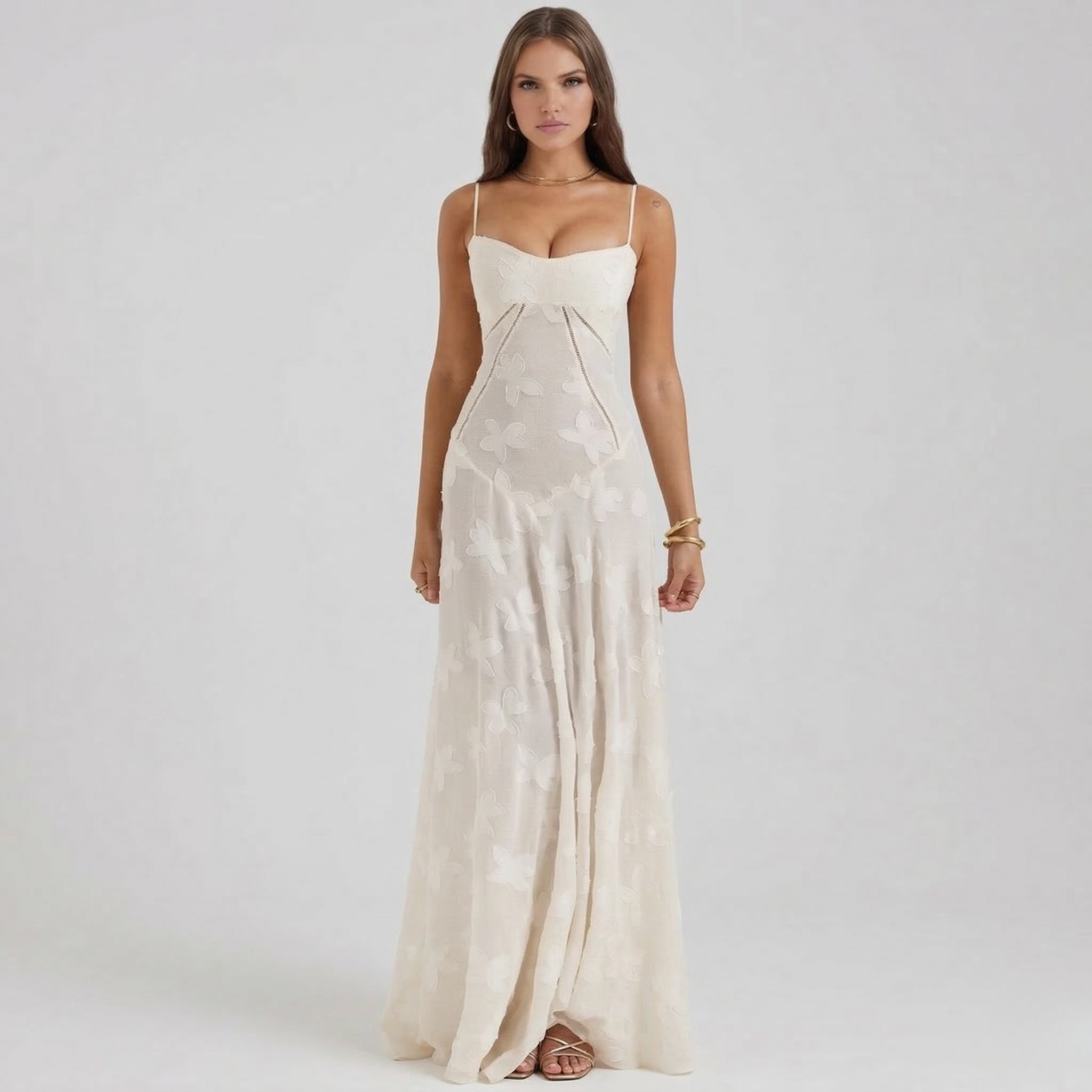 Női hosszú csipkeruha vállpántokkal, elegáns maxi estélyi ruha