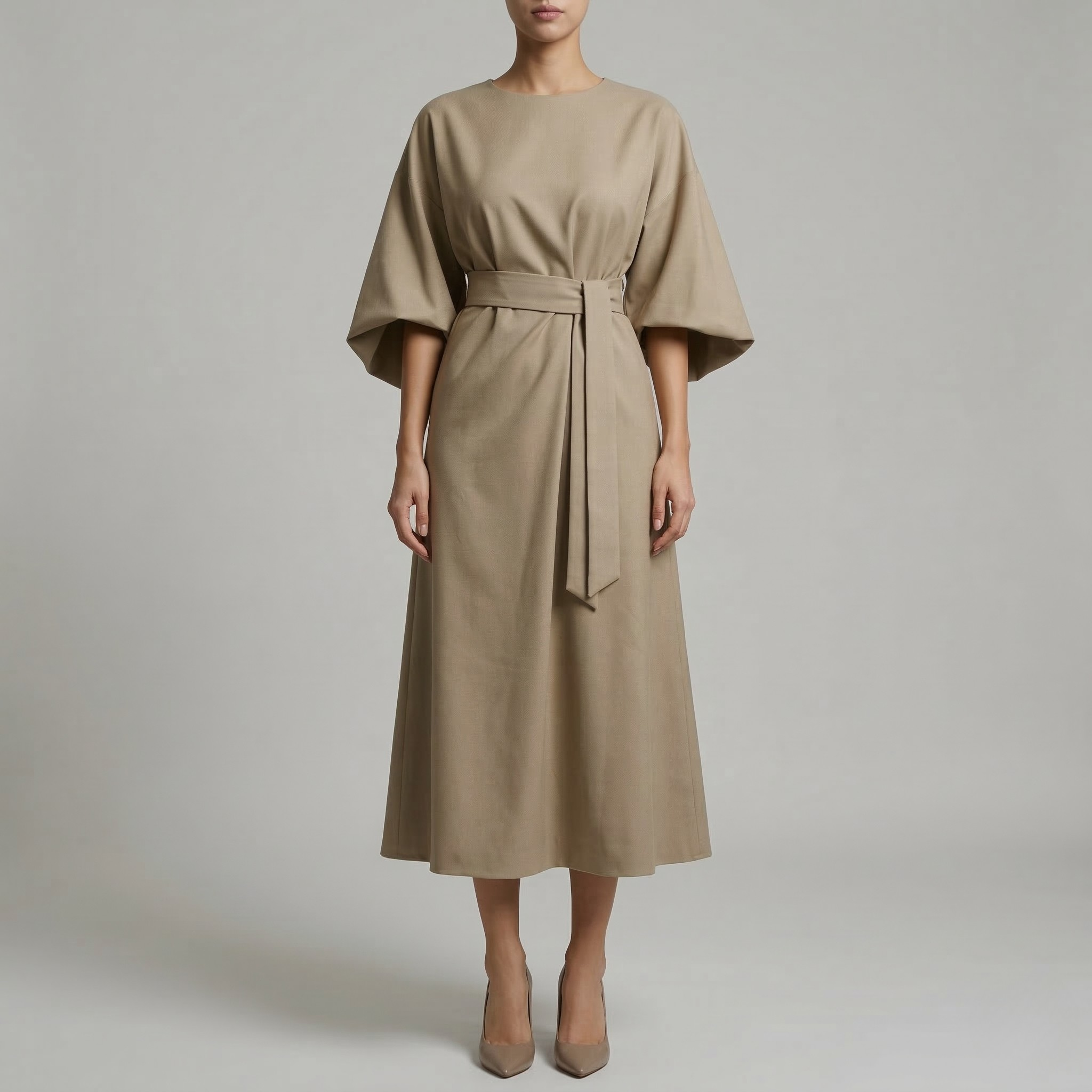 Sukienka midi damska z paskiem, szerokie rękawy, elegancka sukienka casual z długim rękawem