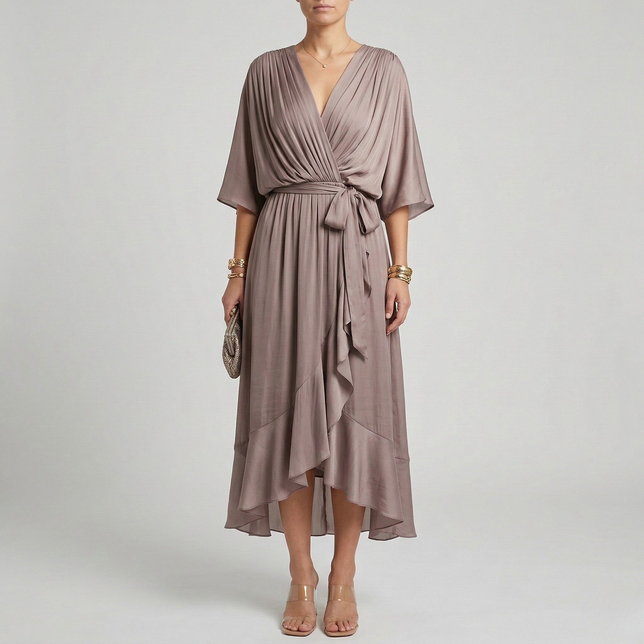 Dlouhé dámské šaty s výstřihem do V a páskem, elegantní letní šaty s širokými rukávy