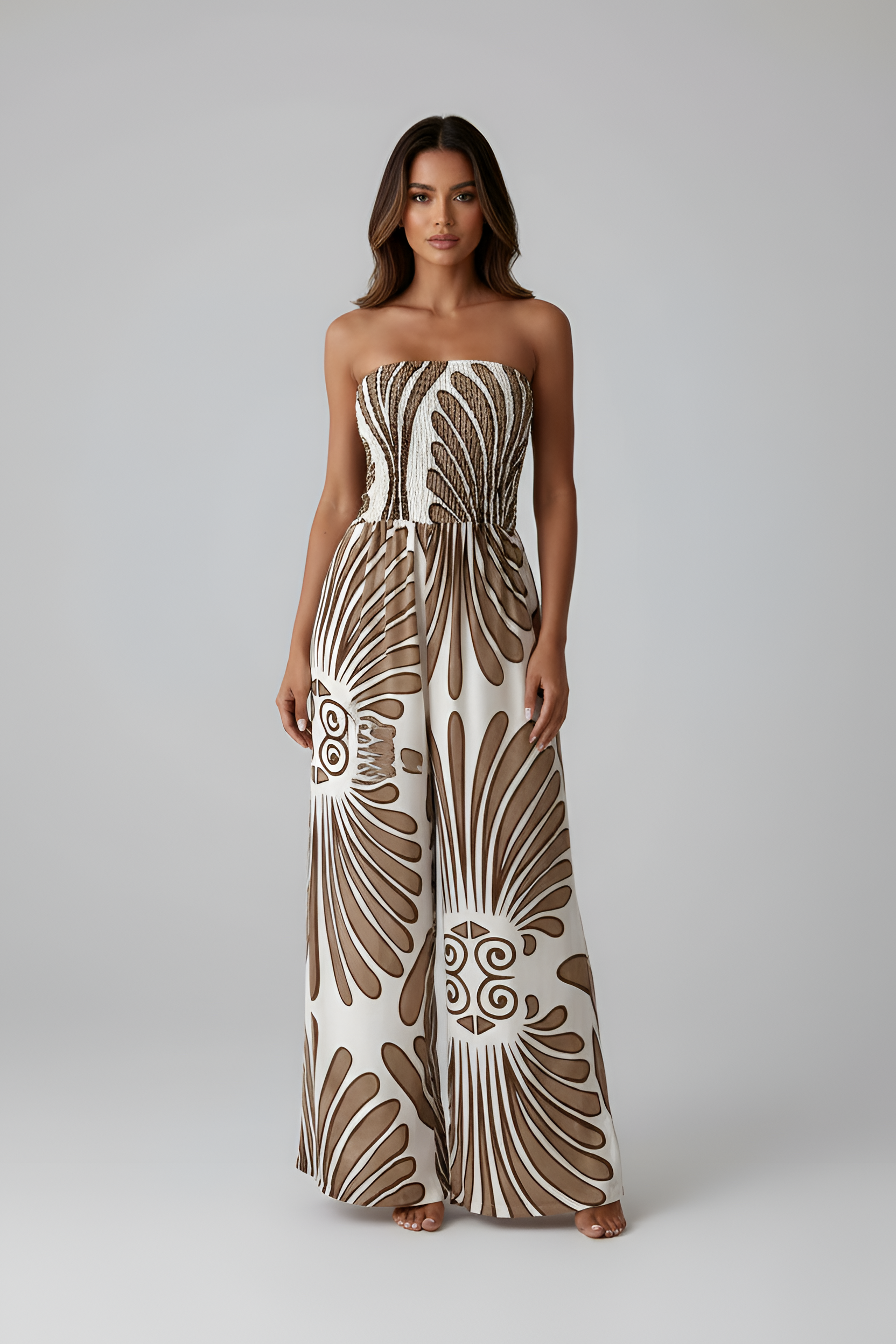 Abito lungo donna senza spalline con stampa, vestito estivo casual elegante