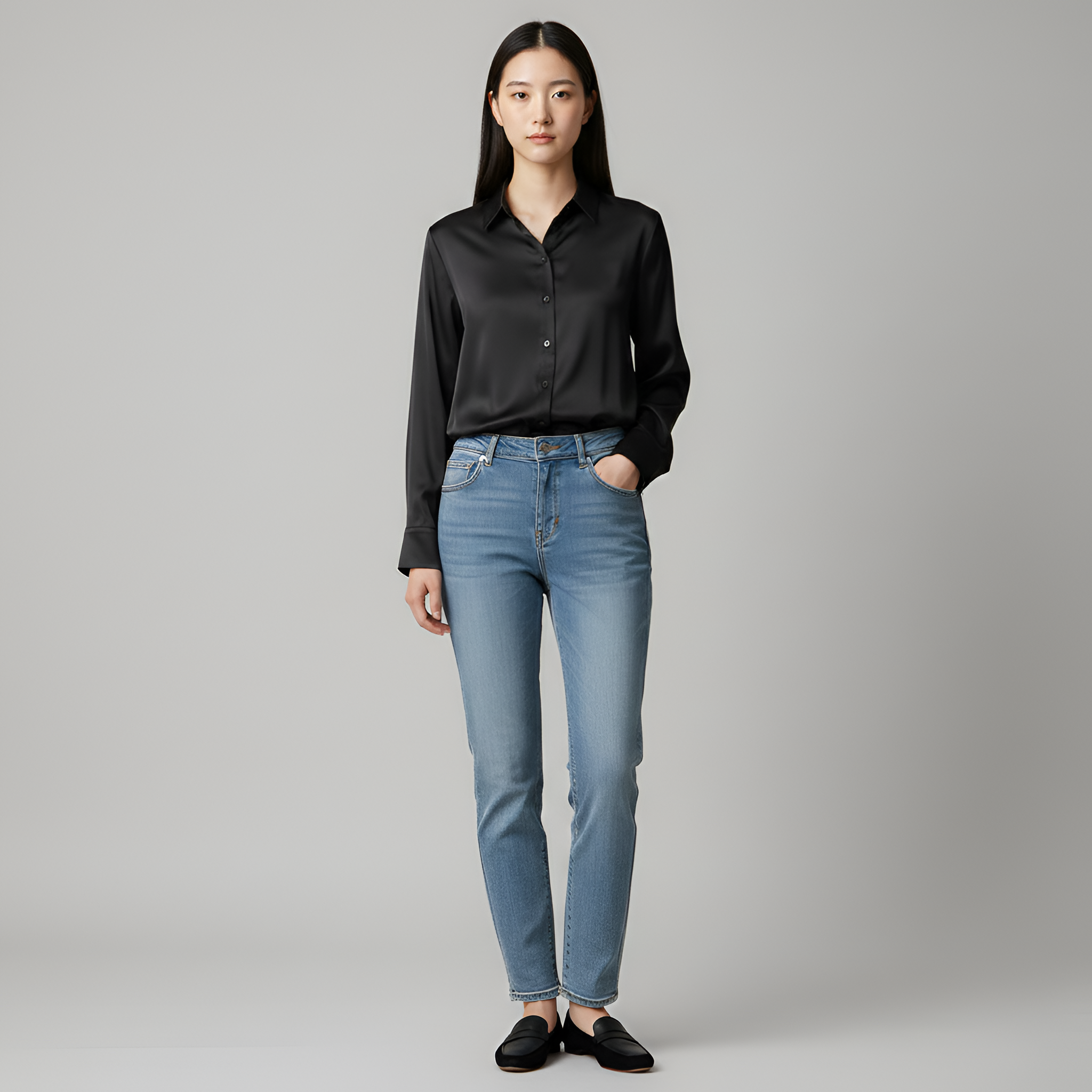 Camisa de satén para mujer de manga larga con botones ajuste regular