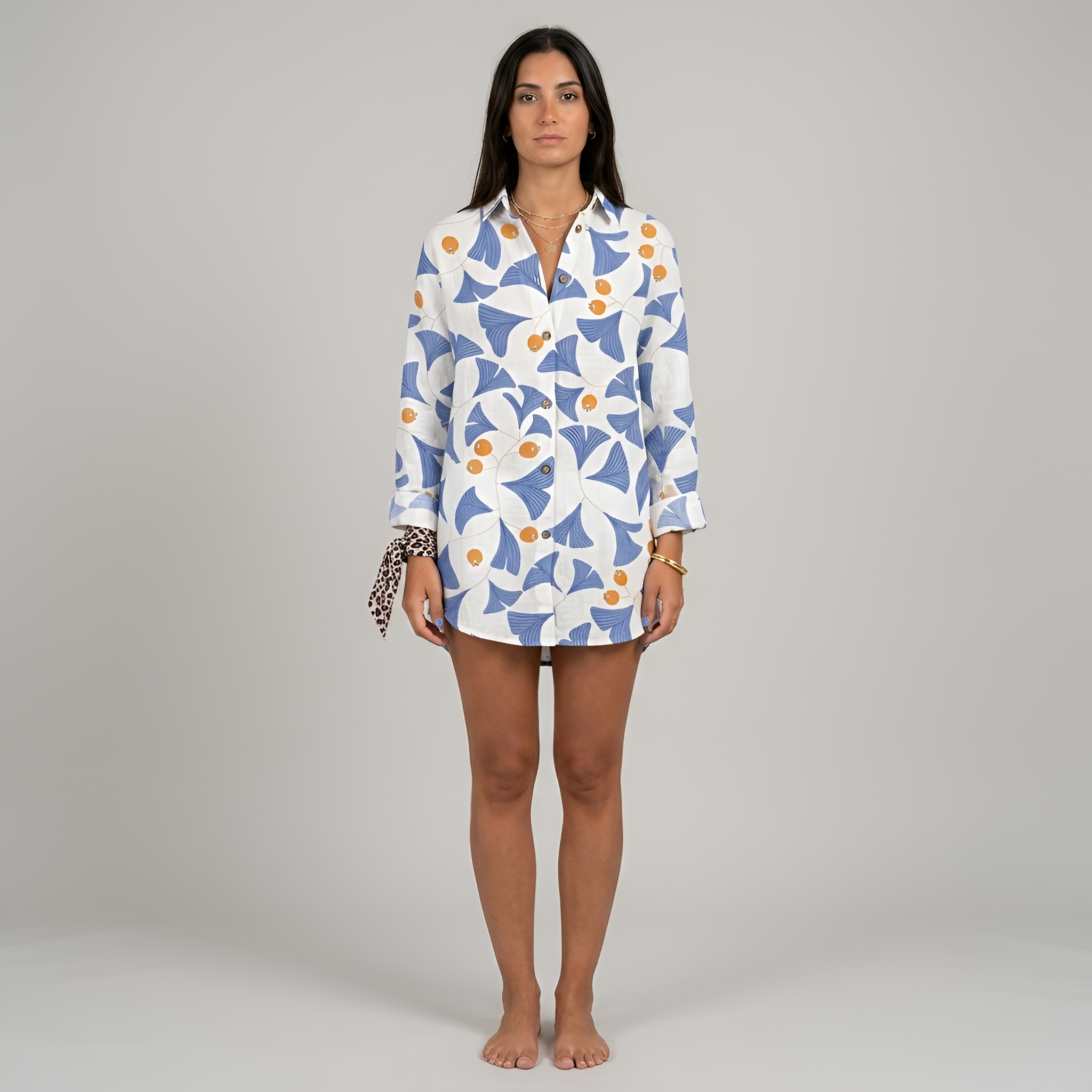 Długa damska koszula w kwiaty z bawełny z guzikami, długi rękaw, casualowa letnia