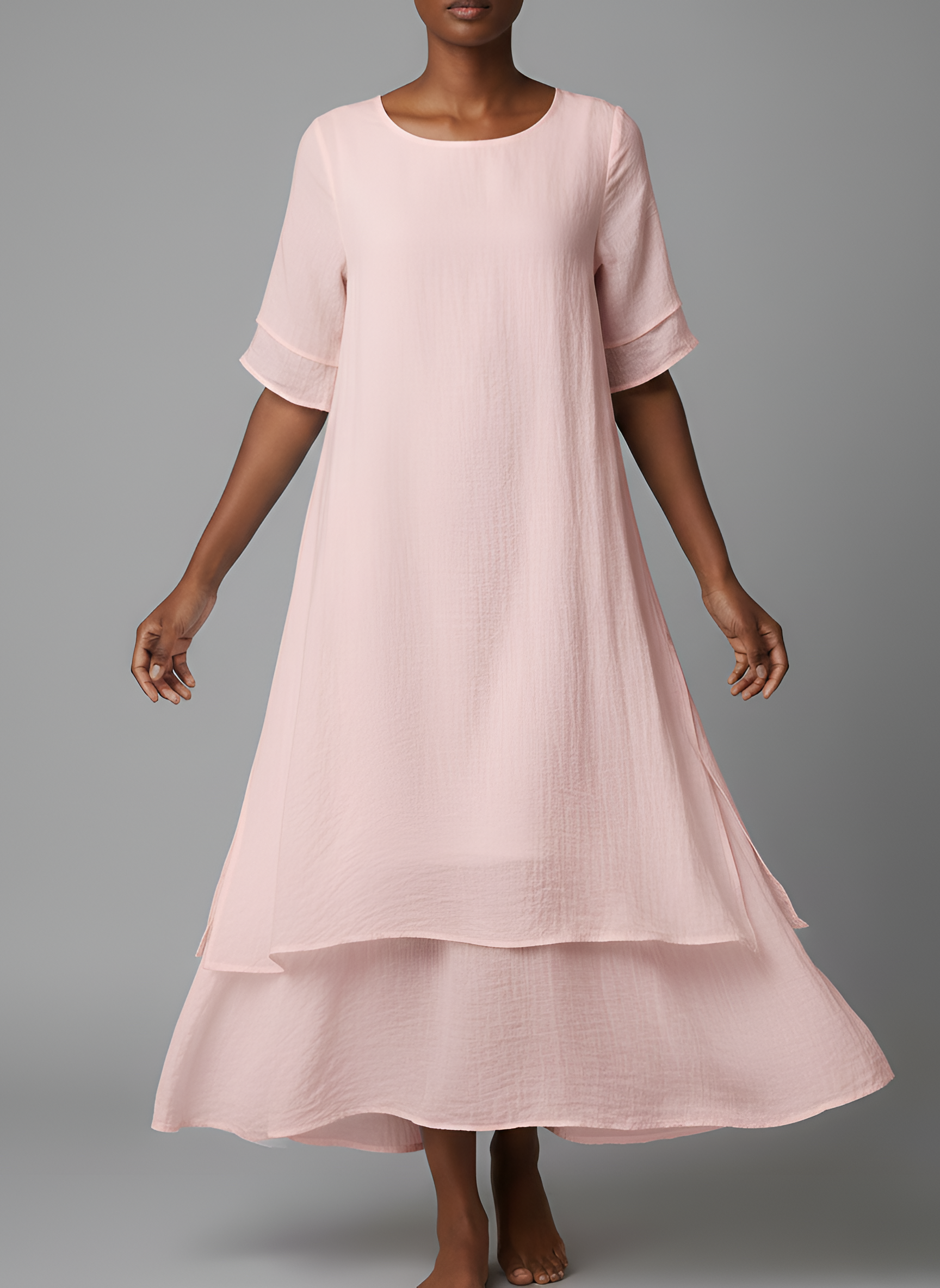 Abito midi donna con maniche corte e linea ampia in tessuto leggero