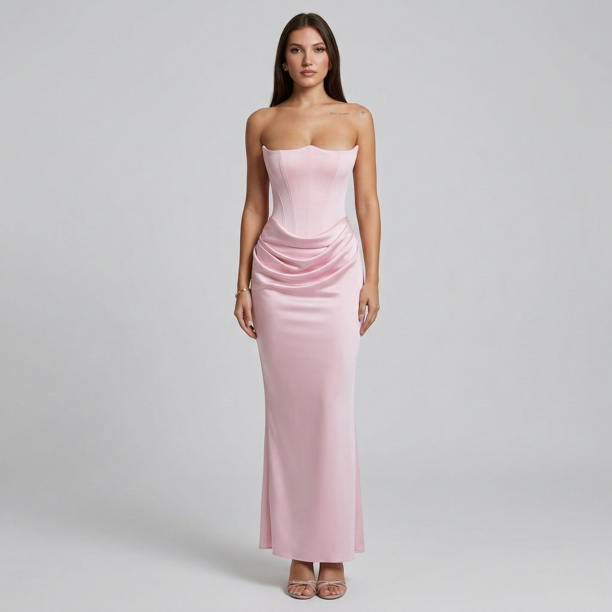 Vestido longo de mulher elegante sem alças, vestido de noite justo estilo sereia