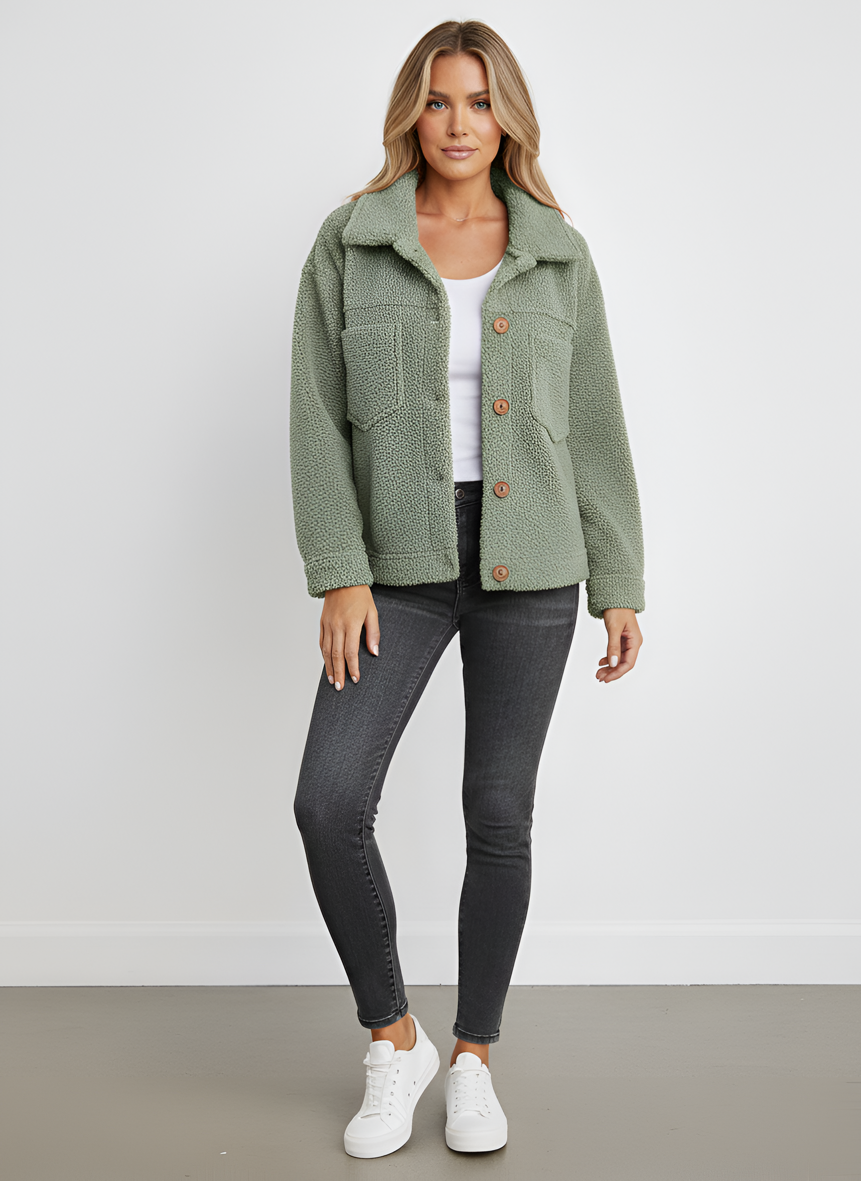 Valerios Fashion γυναικείο teddy μπουφάν από φλις με κουμπιά κανονική εφαρμογή