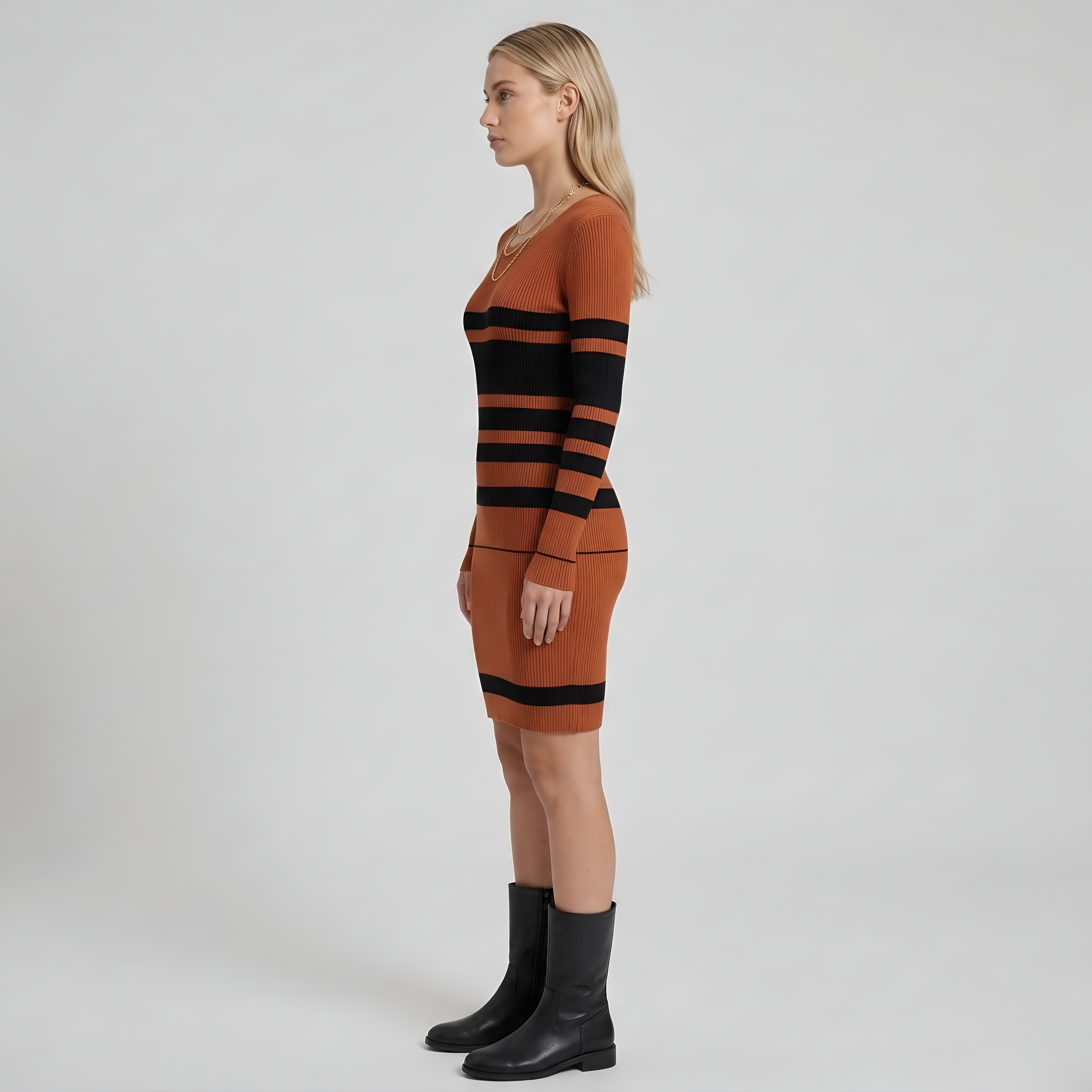 Vestido Justo de Malha às Riscas para Mulher com Mangas Compridas Vestido Curto