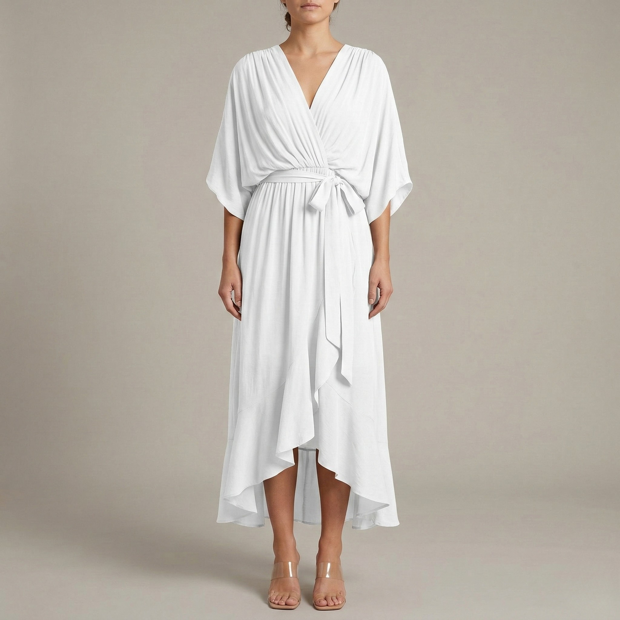 Dlouhé dámské šaty s výstřihem do V a páskem, elegantní letní šaty s širokými rukávy