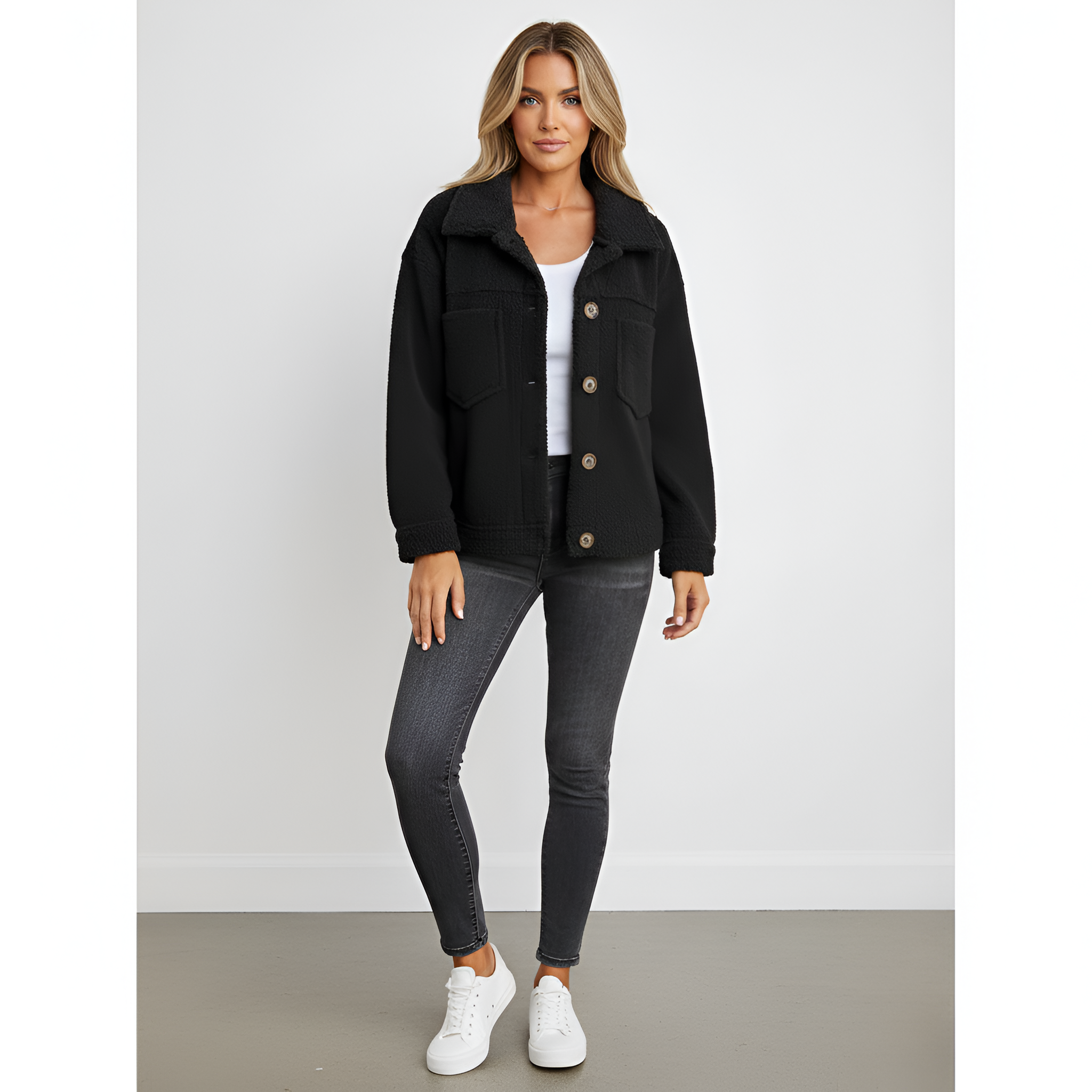 Valerios Fashion casaco teddy feminino em fleece com botões e corte regular