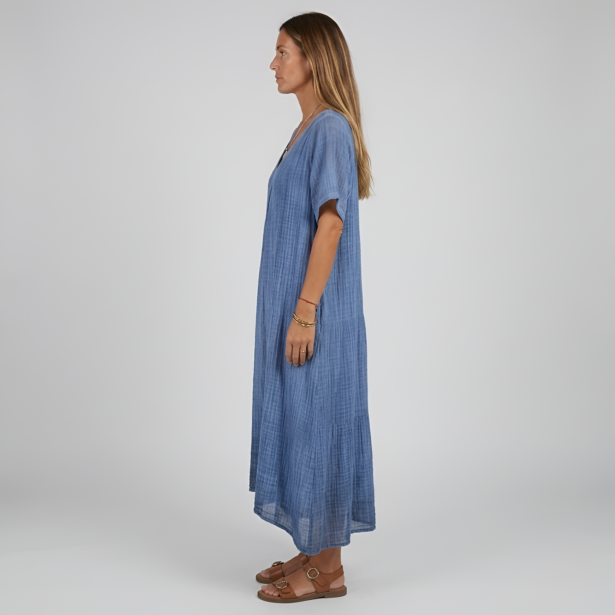 Vestido longo de mulher com decote em V, manga curta, vestido de verão casual, vestido largo de mulher