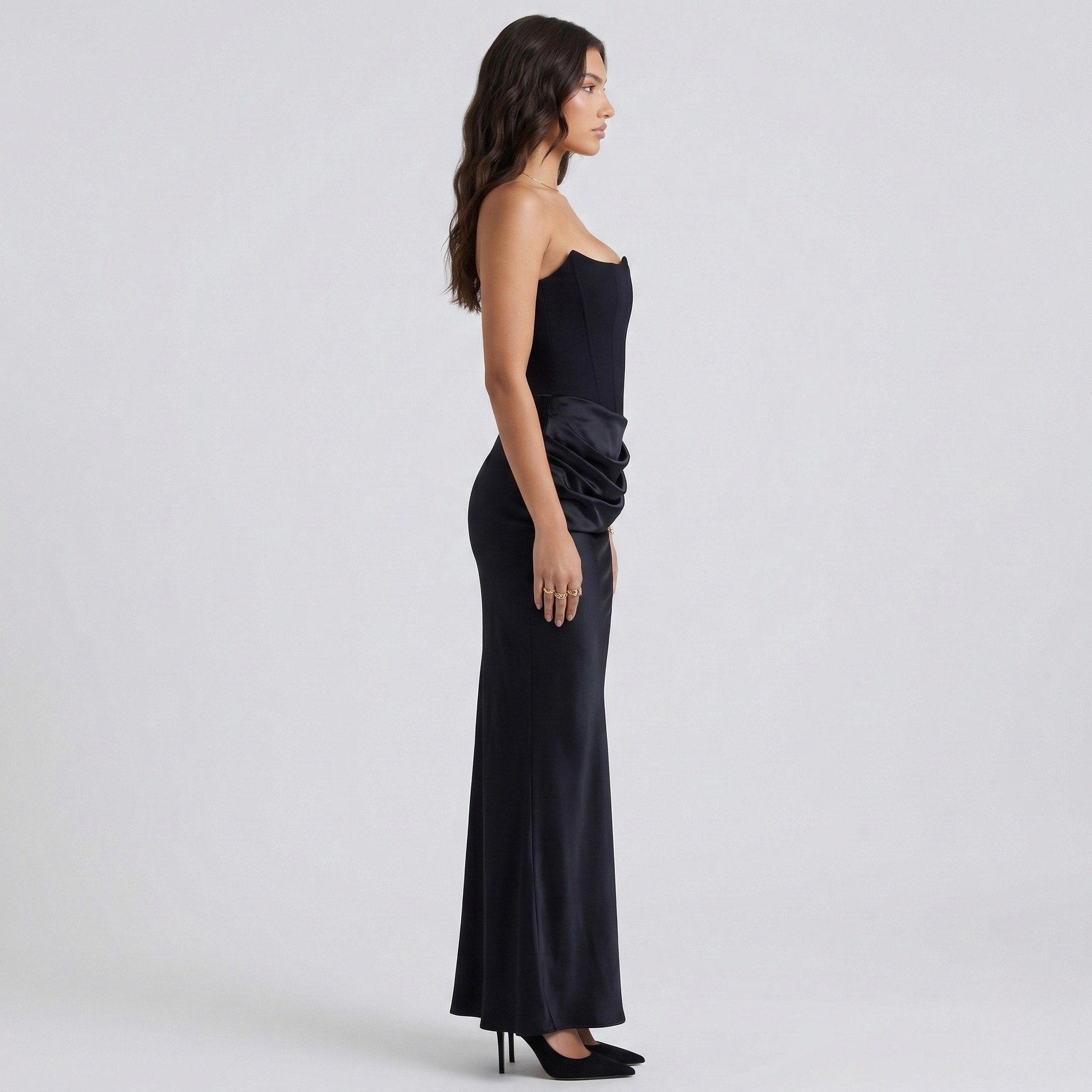 Vestido longo de mulher elegante sem alças, vestido de noite justo estilo sereia