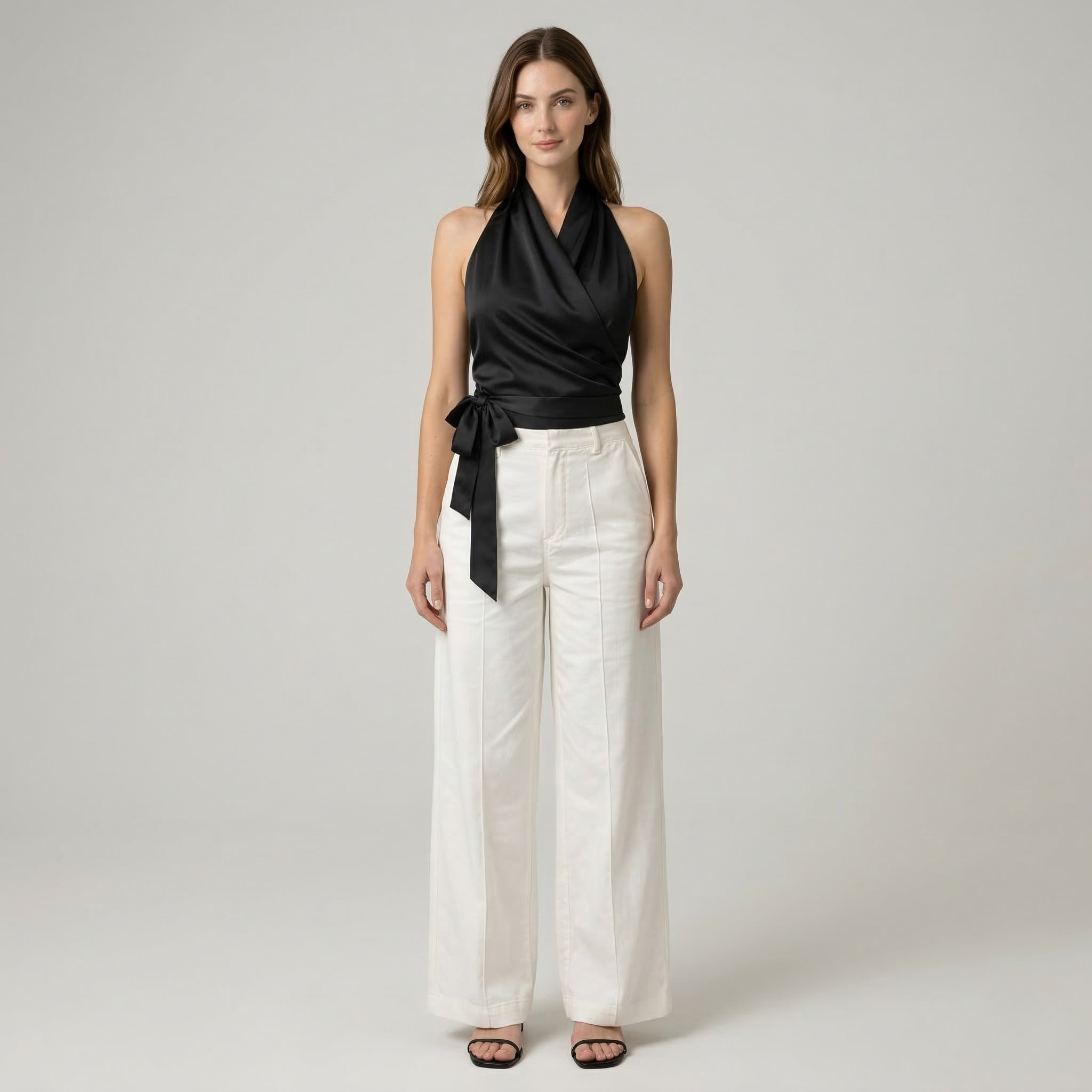 Women's elegant halter neck top with belt sleeveless slim fit blouse