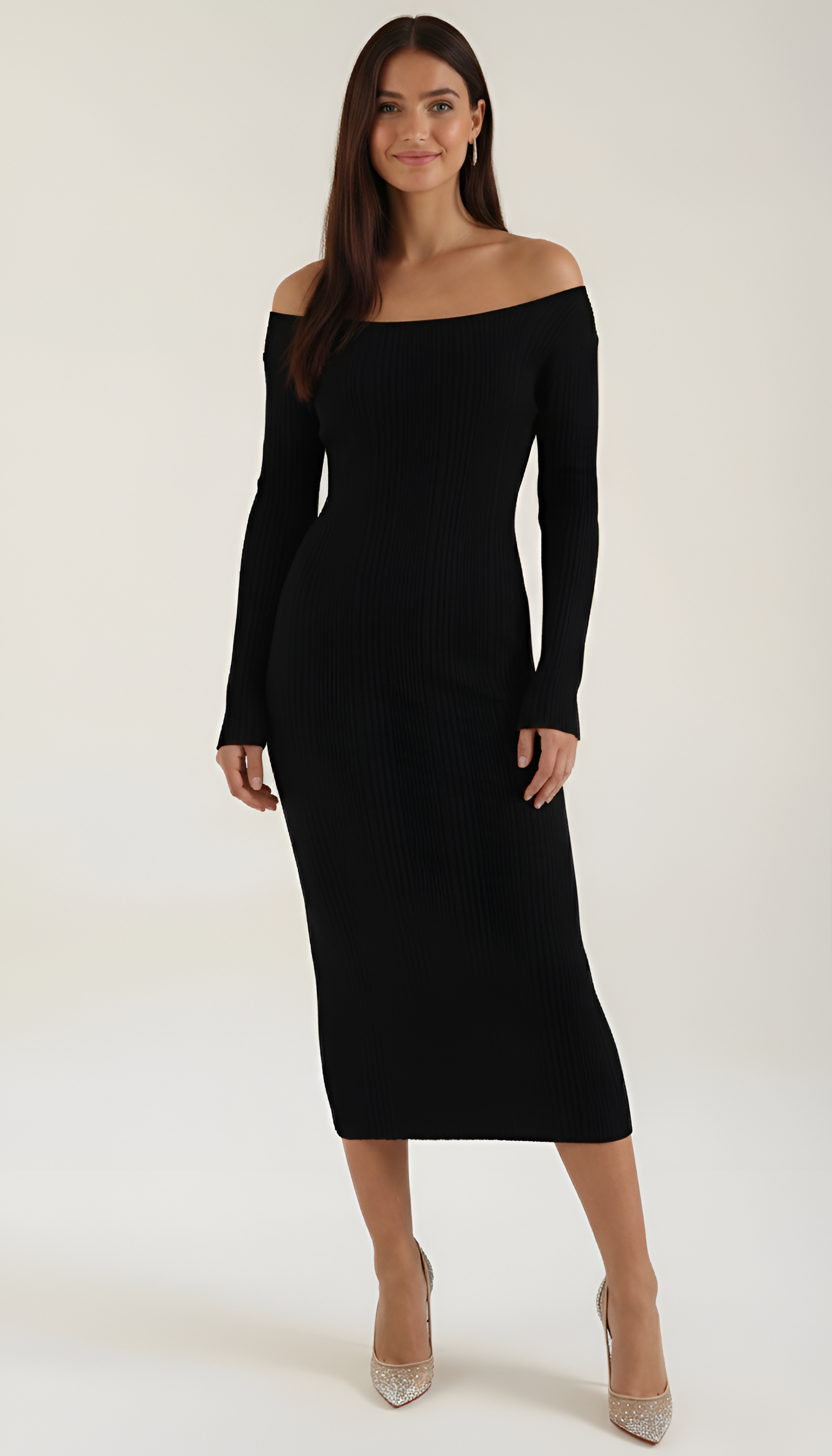 Vestido largo de canalé para mujer con hombros descubiertos, mangas largas y ajuste ceñido