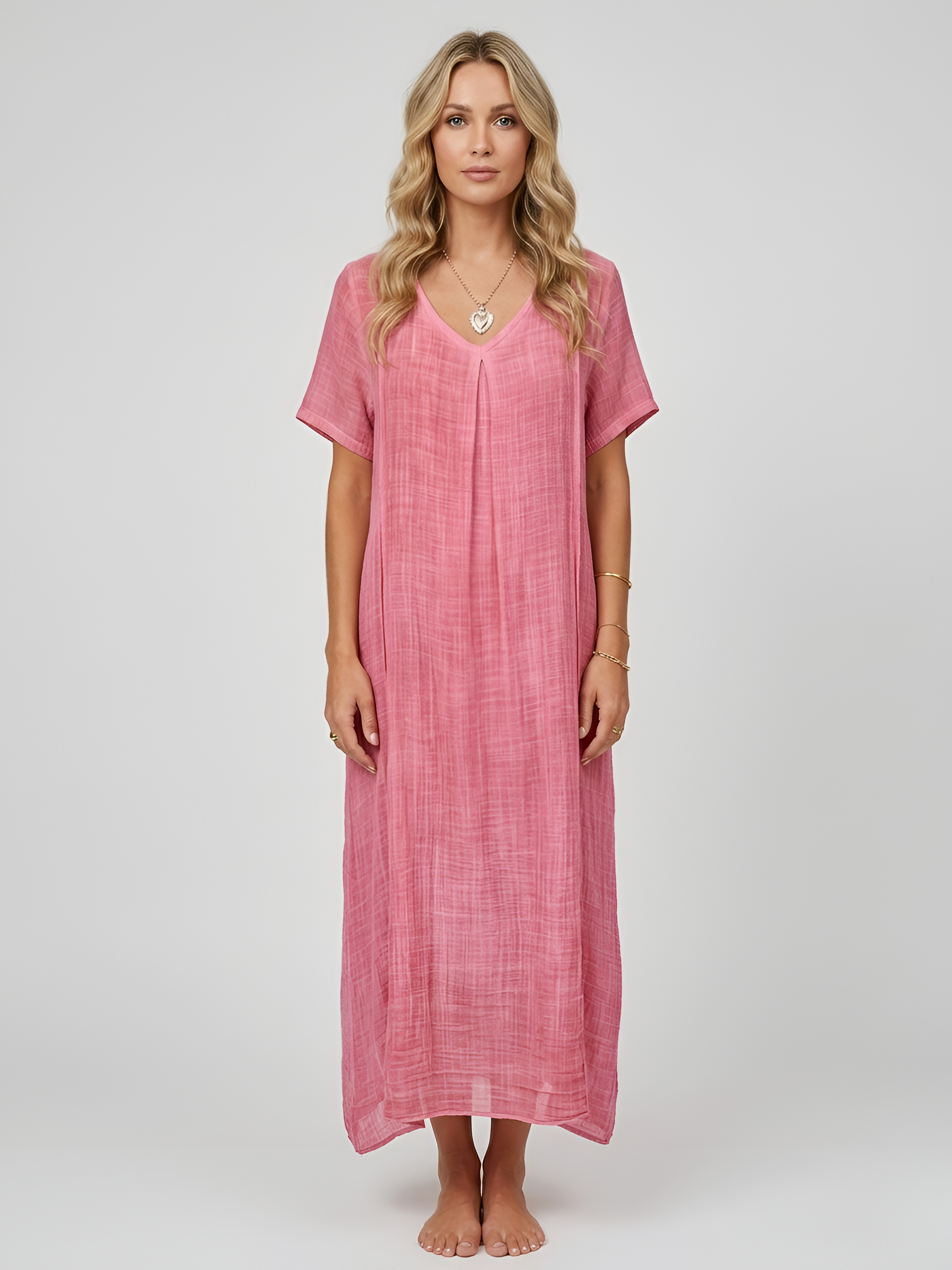 Długa sukienka damska z dekoltem w serek, krótki rękaw, letnia sukienka casual, luźna sukienka damska