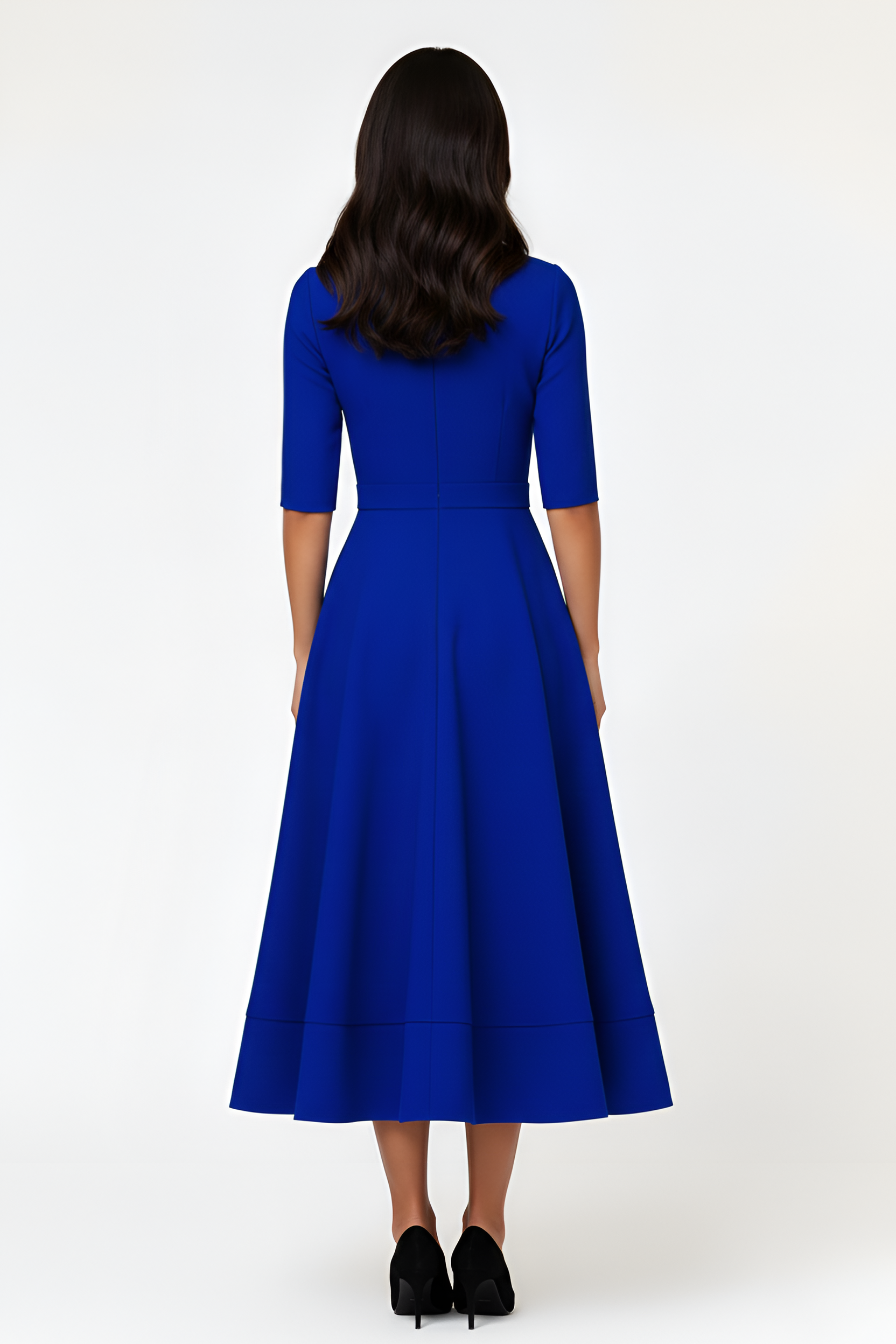 Abito midi donna con scollo a V, maniche tre quarti e gonna svasata