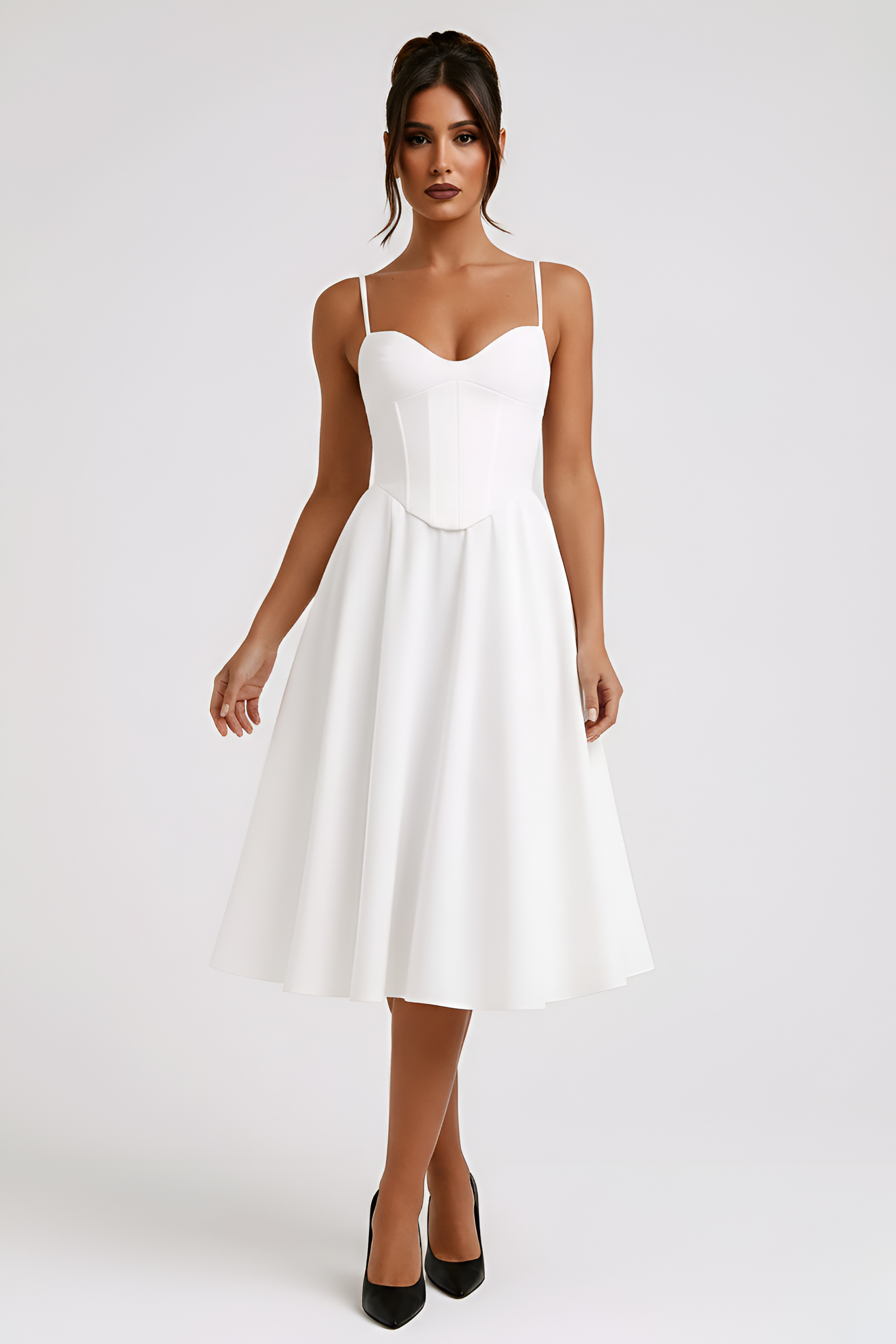 Abito midi donna con spalline sottili e bustino strutturato