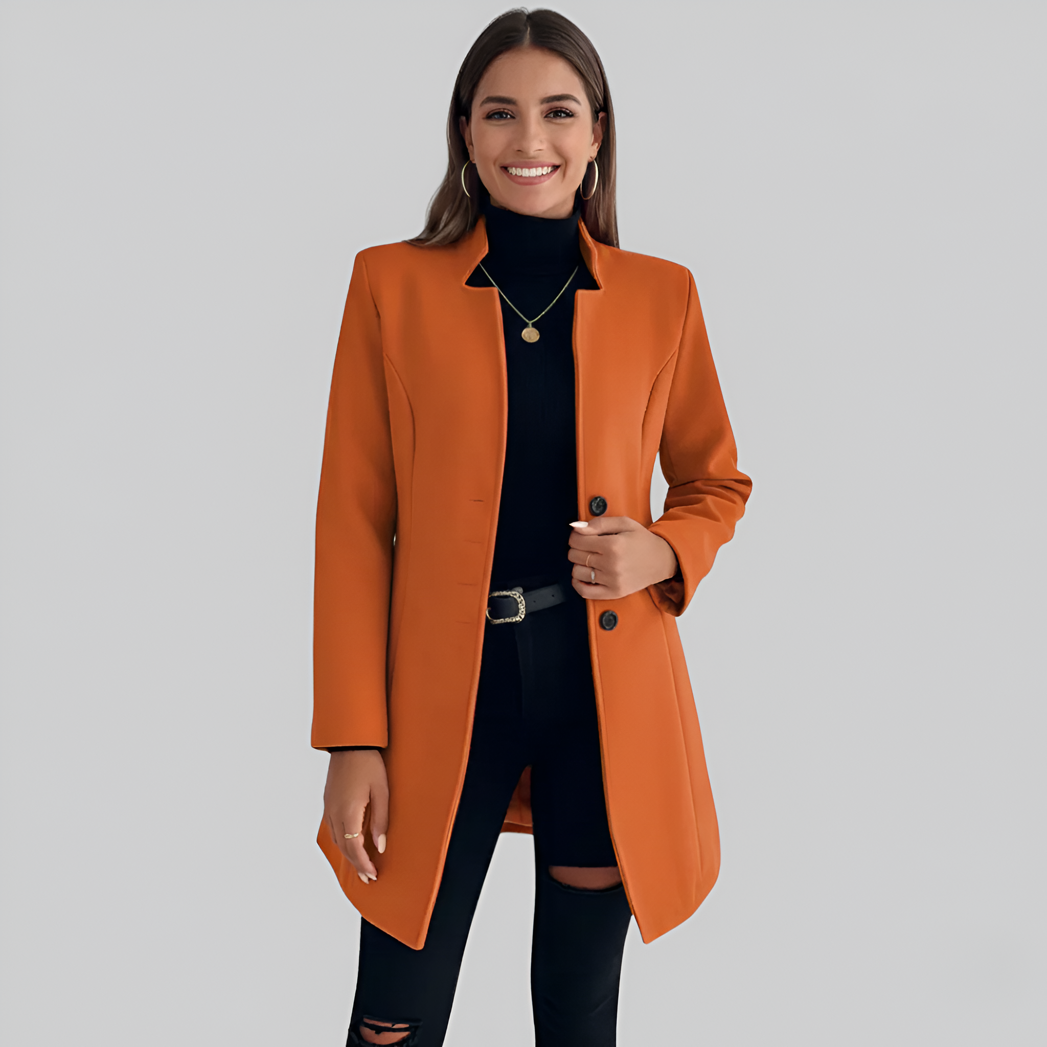 Valerios Fashion elegancki długi płaszcz damski z zapięciem na guziki