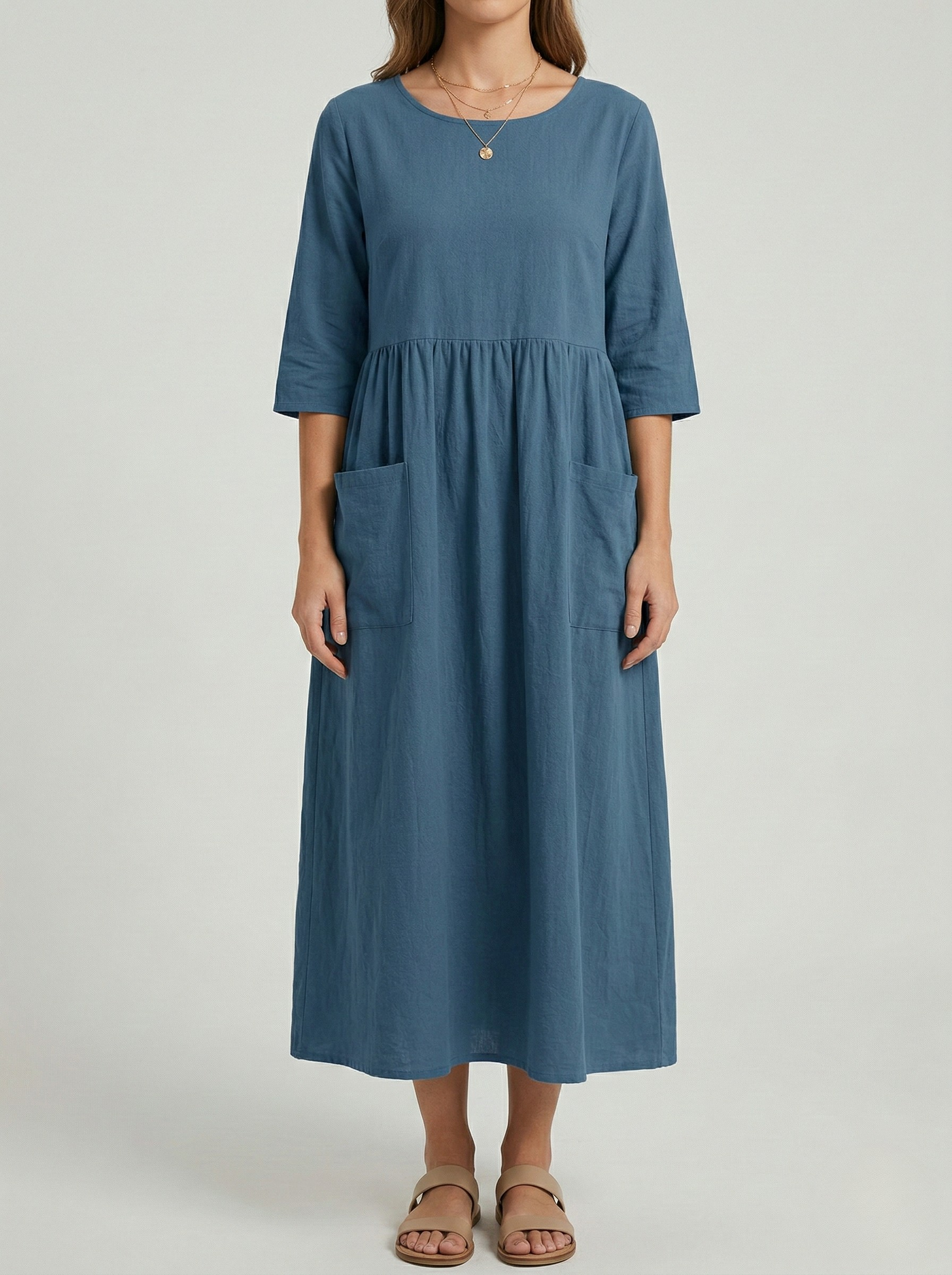 Vestito midi donna in cotone con maniche corte e tasche laterali casual