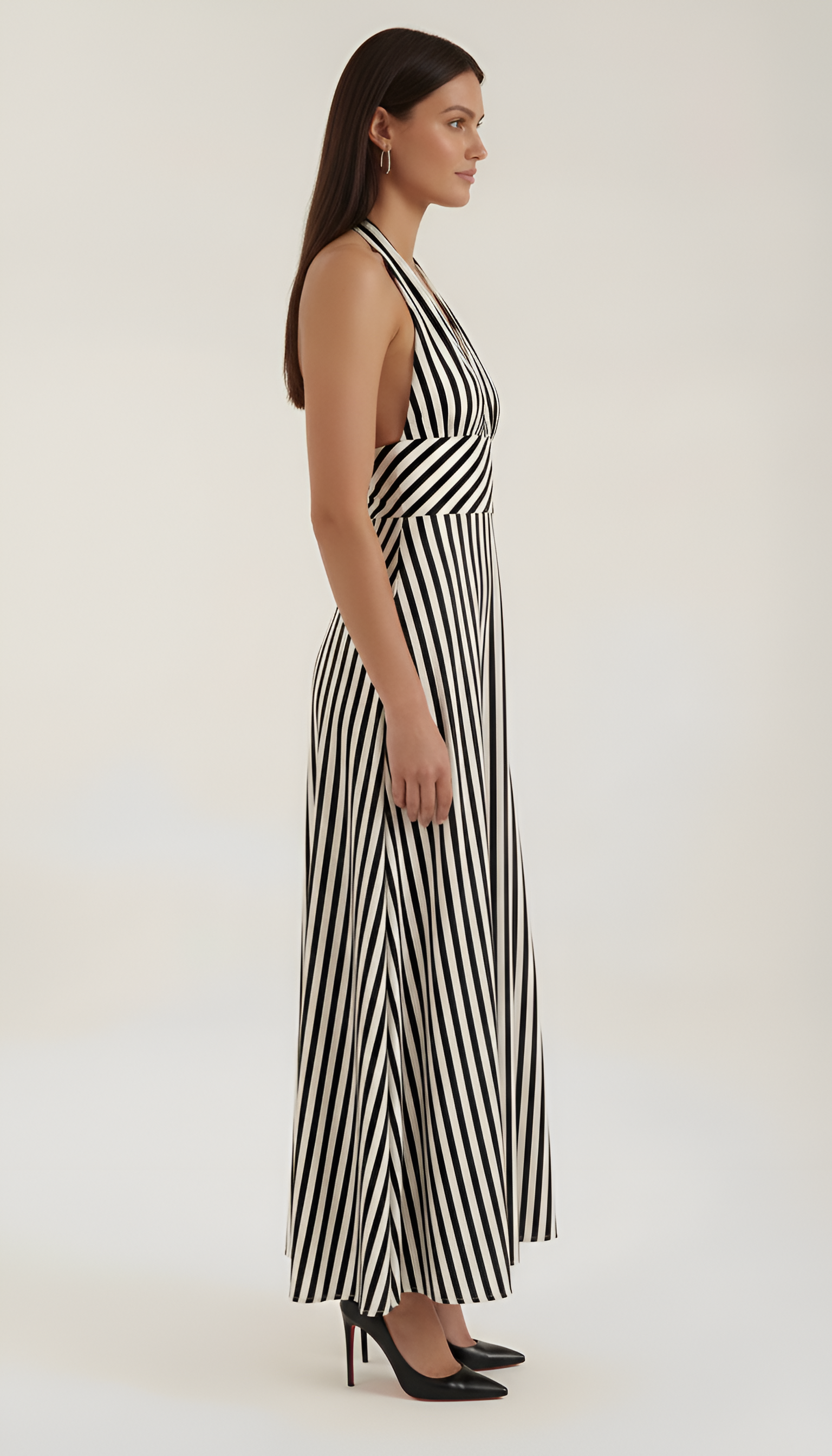 Vestido largo a rayas con escote en V y espalda descubierta para mujer