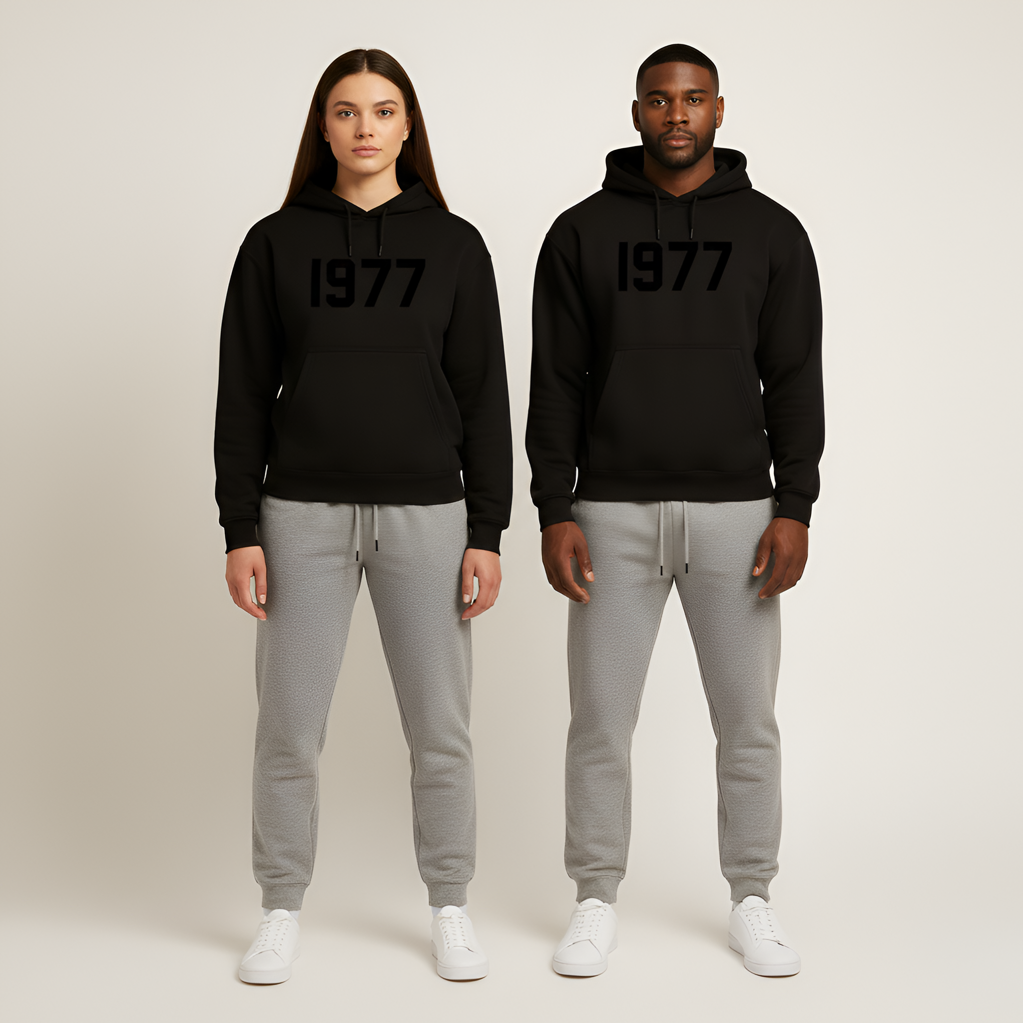 Valerios Fashion felpa con capucha unisex de algodón con estampado frontal 1977