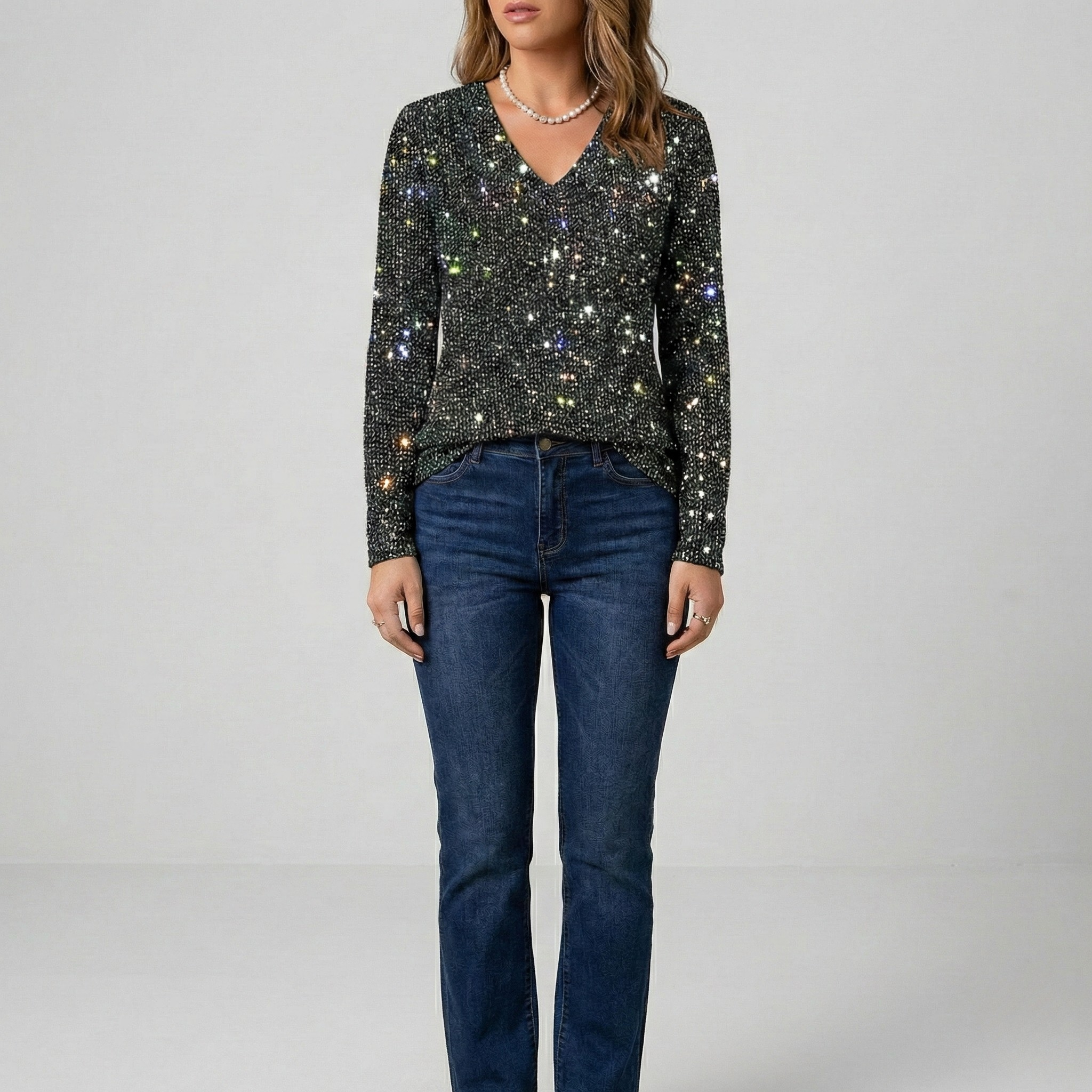 Blusa de mujer con brillo, escote en V, manga larga, ajuste regular