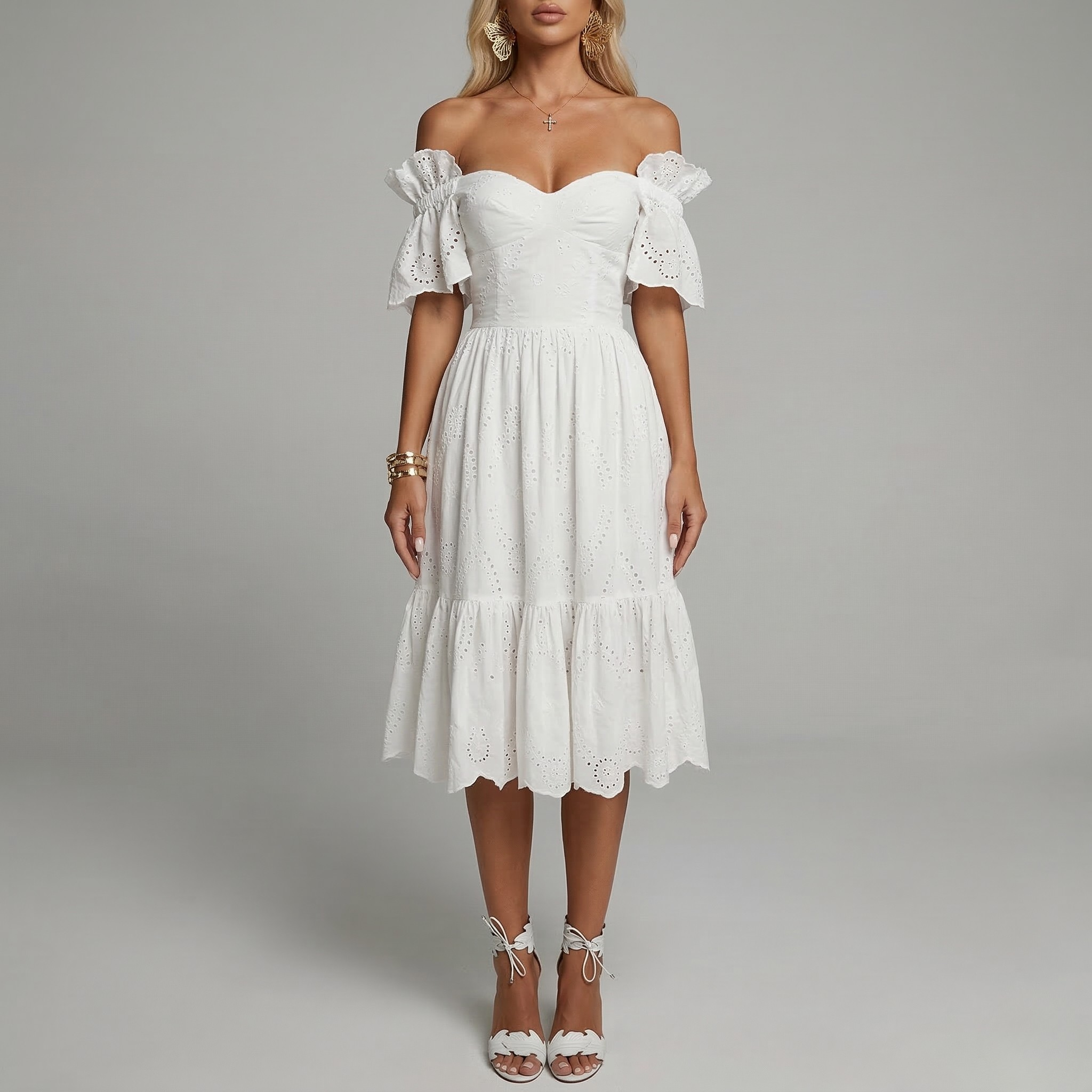 Női Midi Ruha Pamut Sangallo Nyitott Vállú Elegáns Nyári Ruha