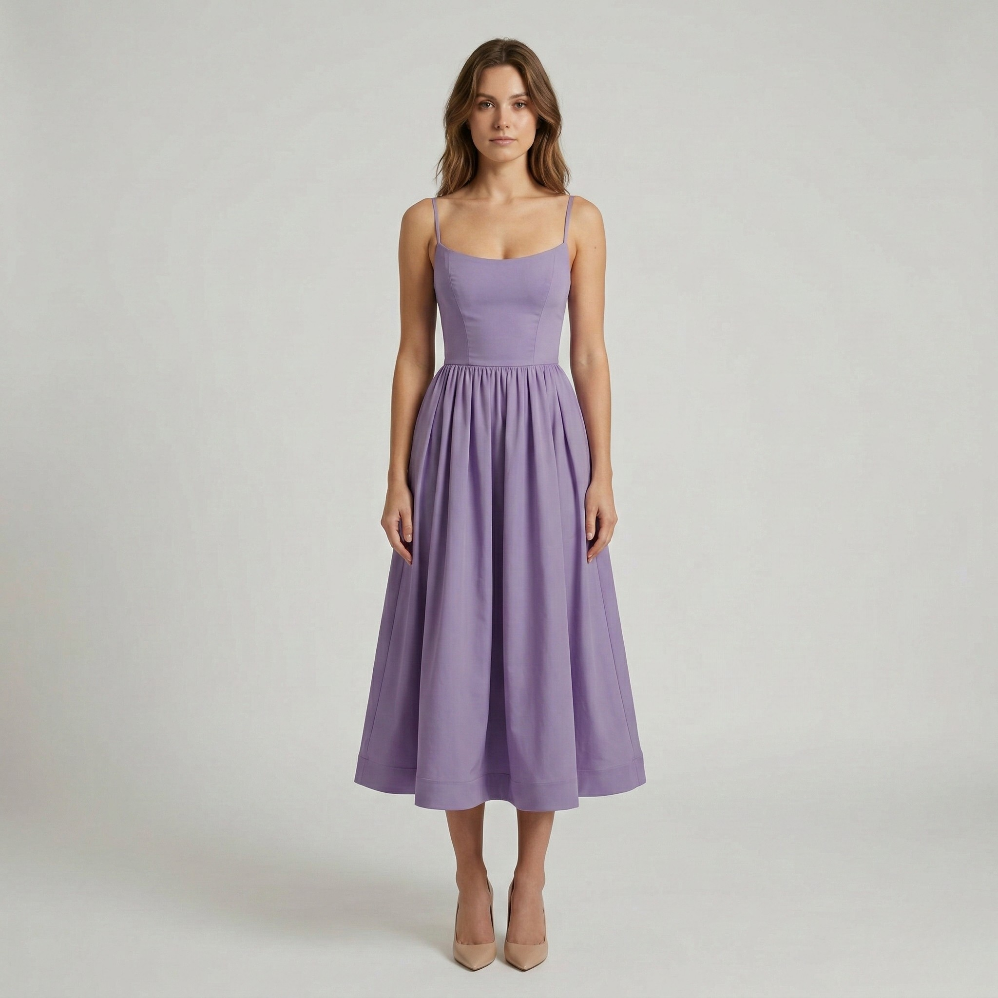 Rochie midi elegantă pentru femei cu bretele subțiri și fustă largă fluidă