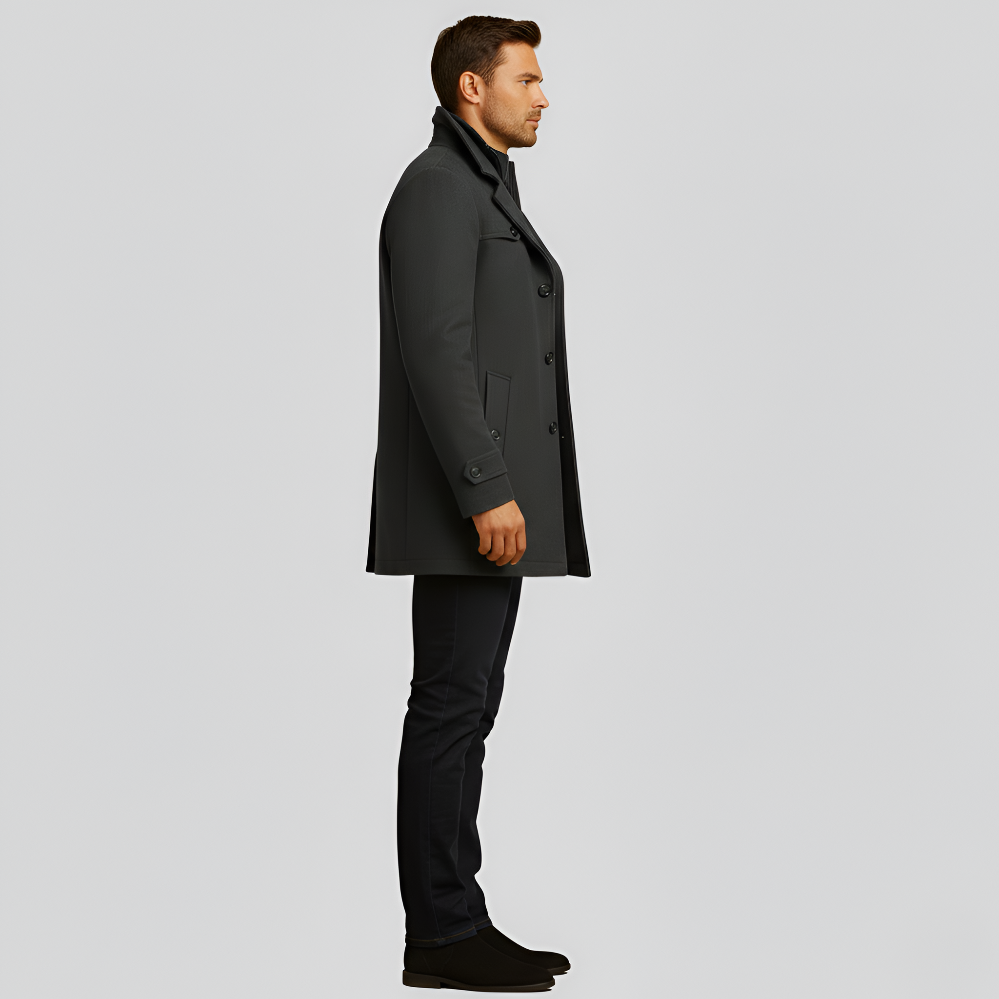Men's coat in elegant mixed wool with high collar and button closure