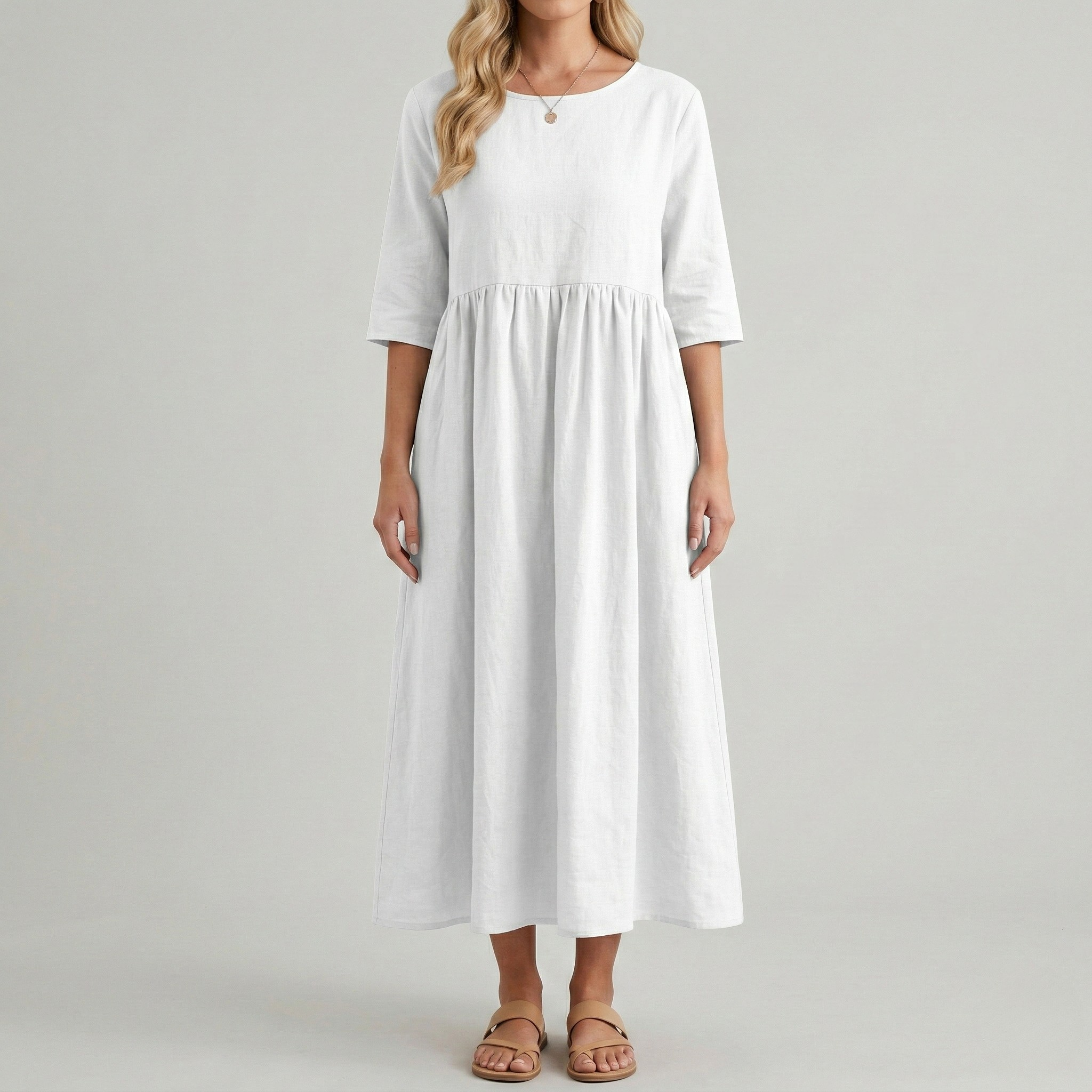 Vestido midi de mulher em algodão com mangas curtas e bolsos laterais casuais