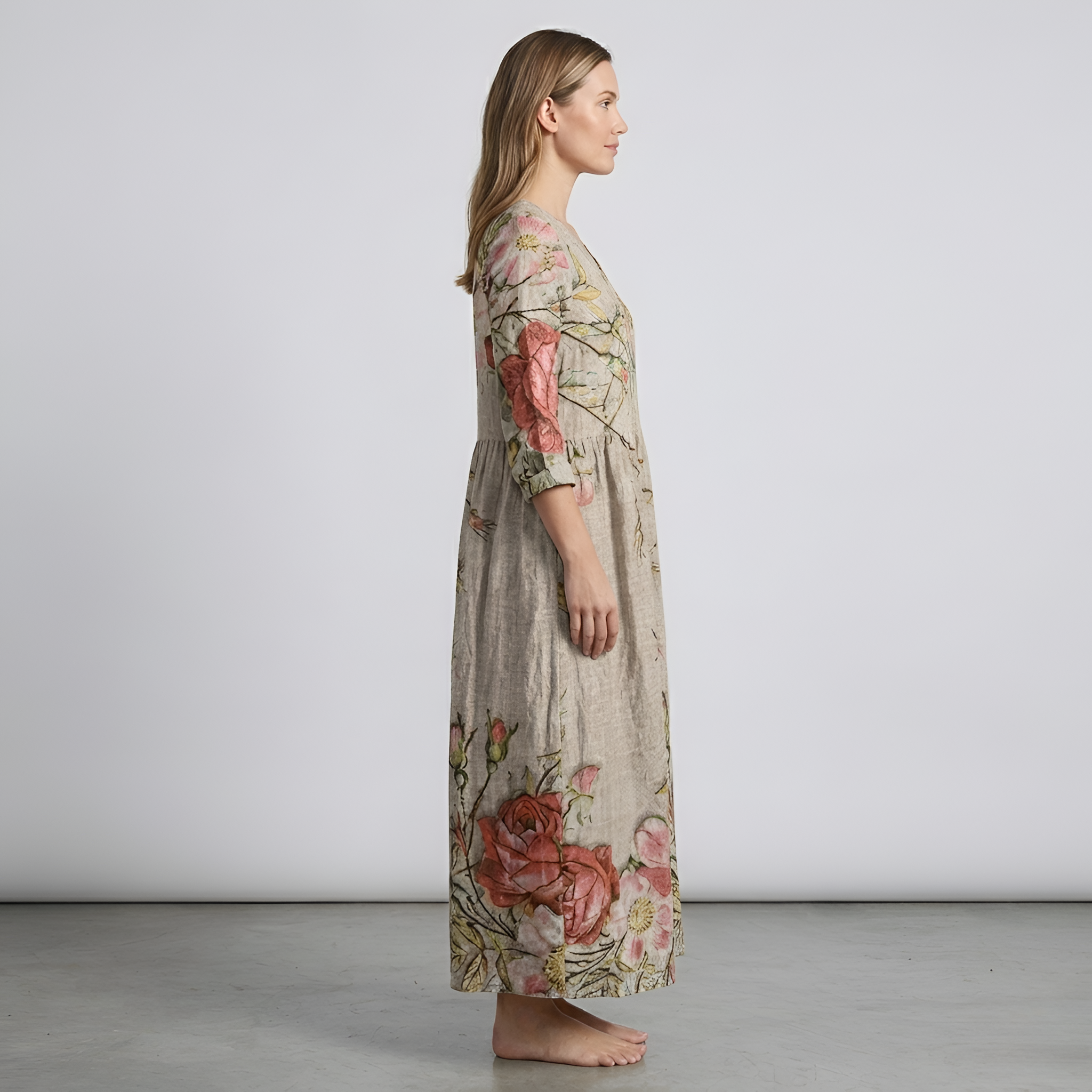 Vestido longo de mulher floral em algodão com decote em V e manga comprida, estilo casual boho