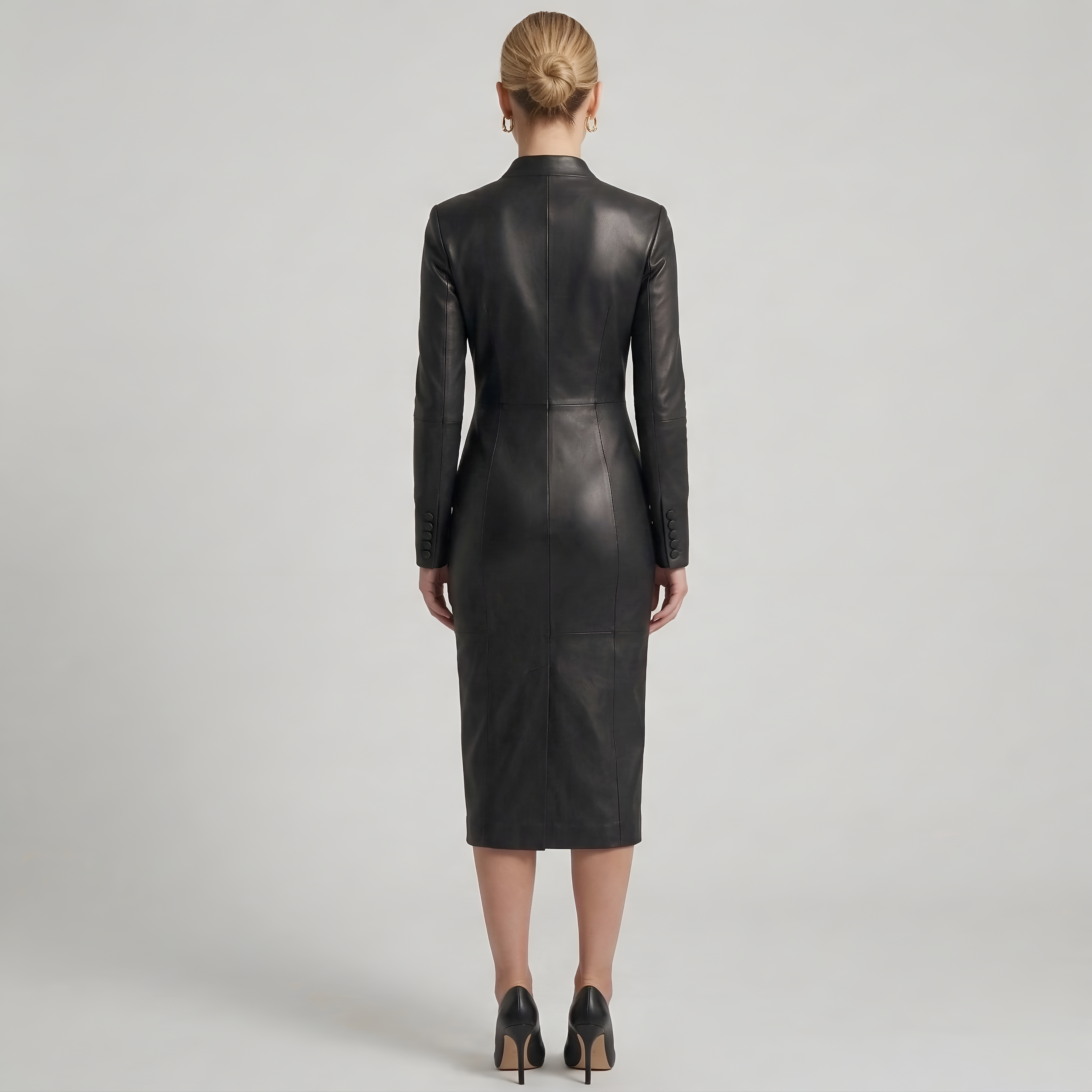 Women's Fitted Leather-Effect Dress with V-Neck and Long Sleeves Midi Dress