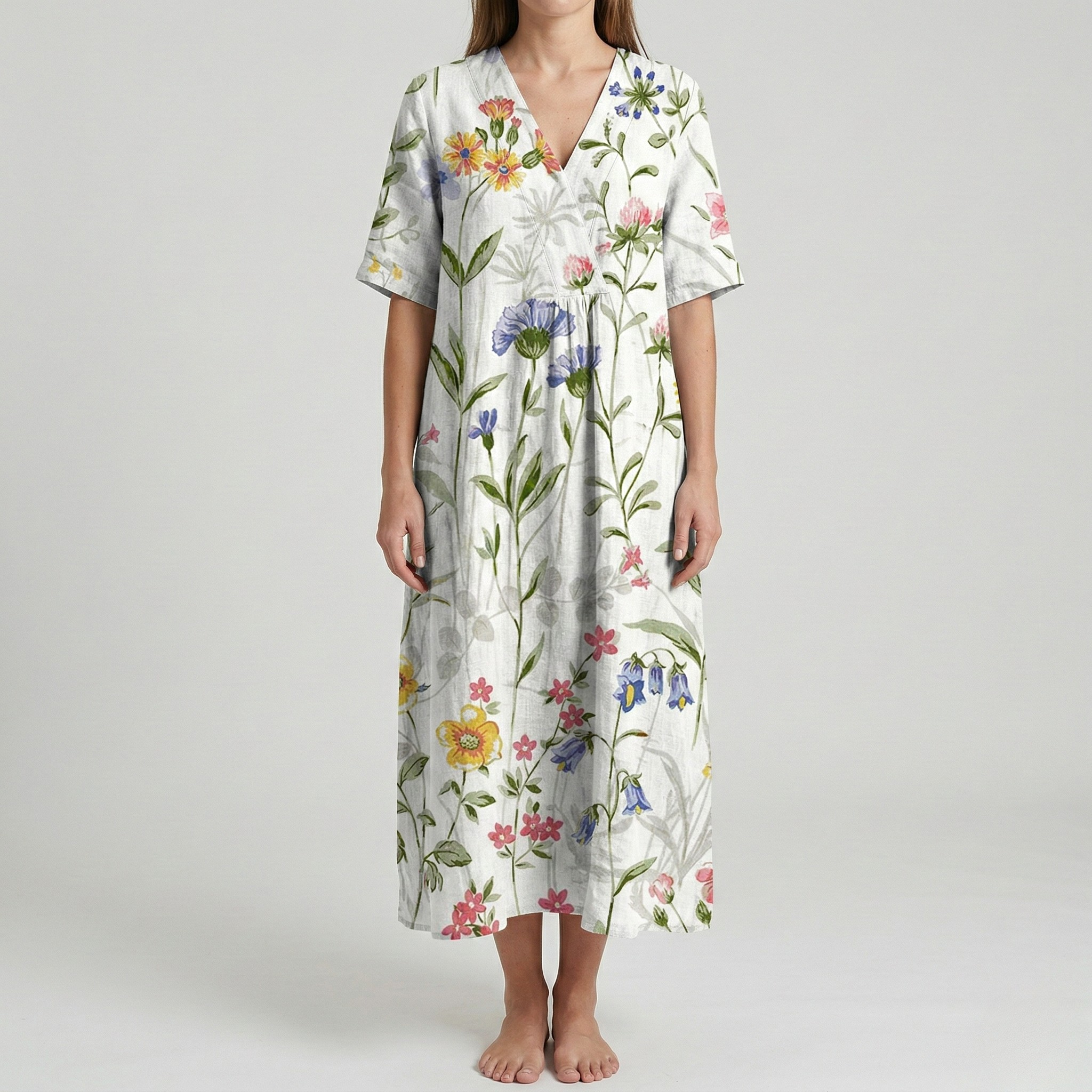 Women's long floral cotton dress with V-neck and short sleeves