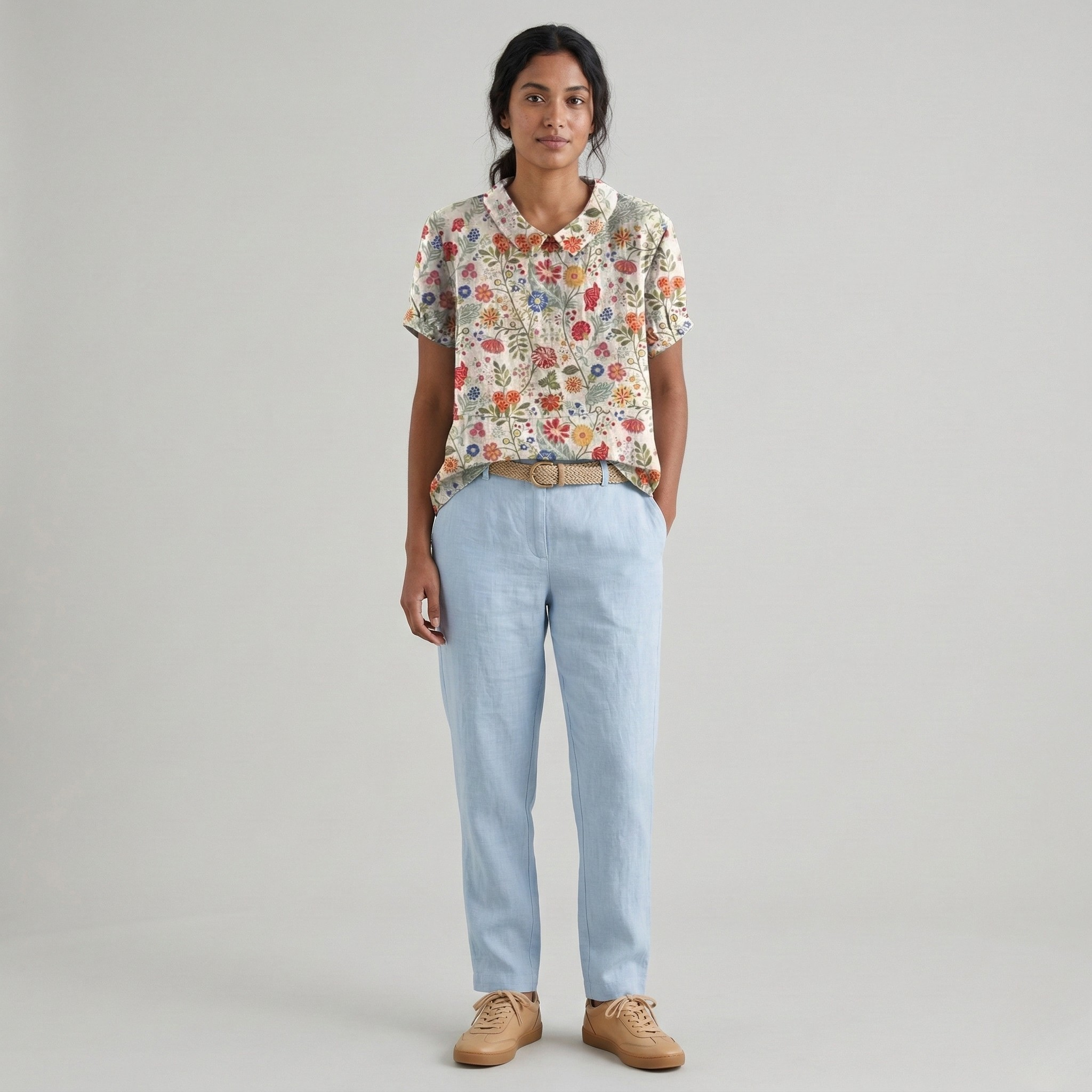 Camisa de mulher em algodão com estampado floral, manga curta, blusa casual de verão