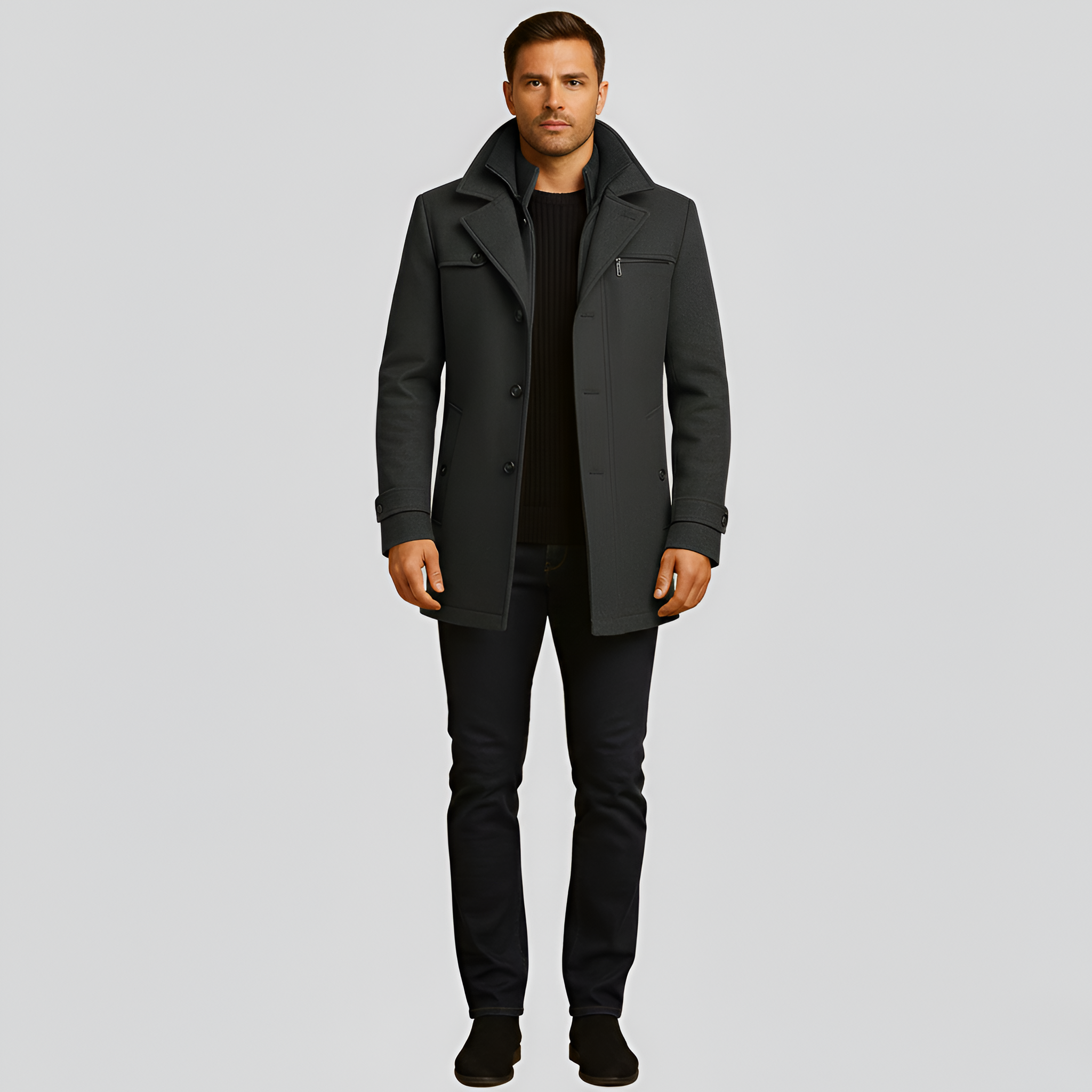Men's coat in elegant mixed wool with high collar and button closure
