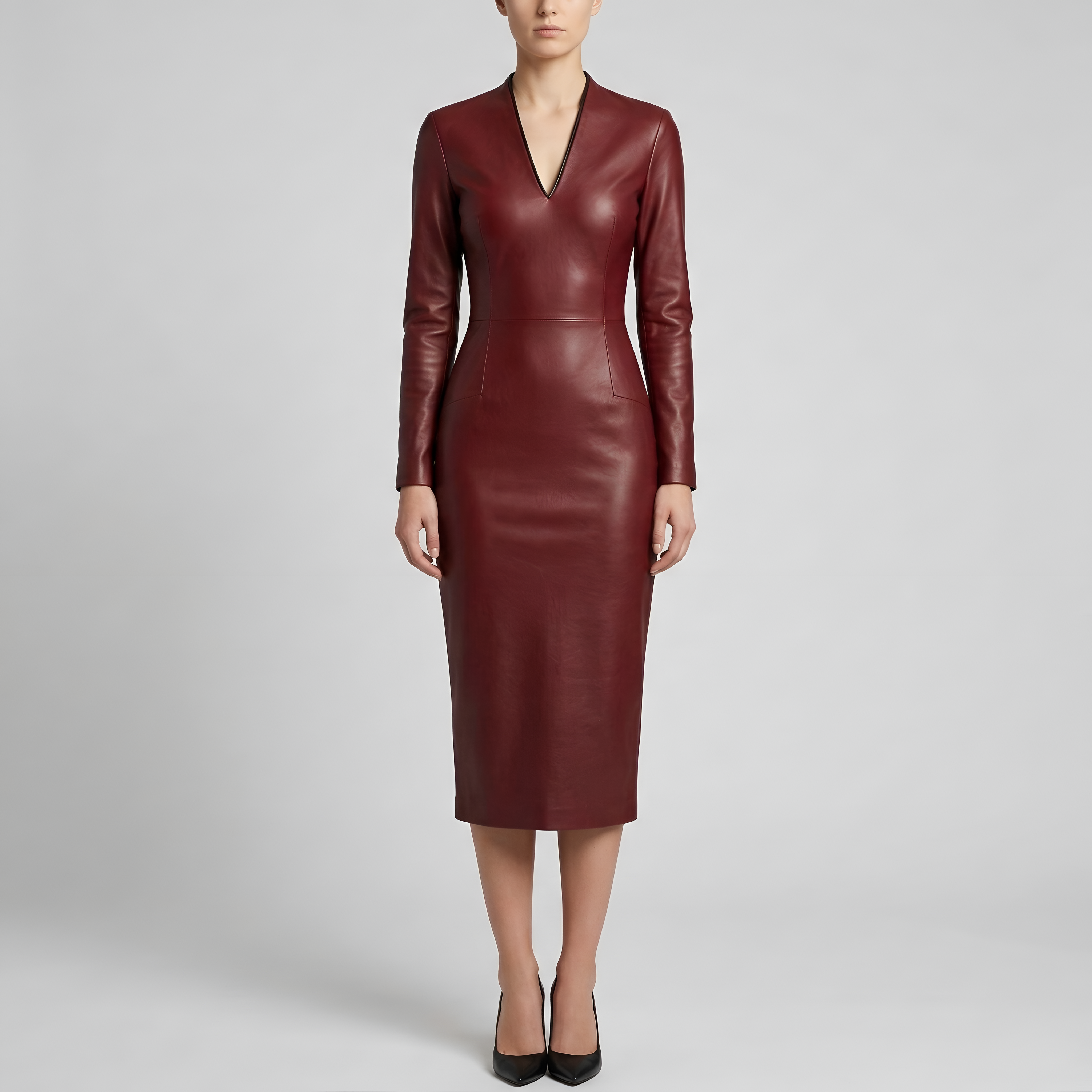 Vestido Mulher Justo Efeito Pele com Decote em V e Mangas Compridas Vestido Midi