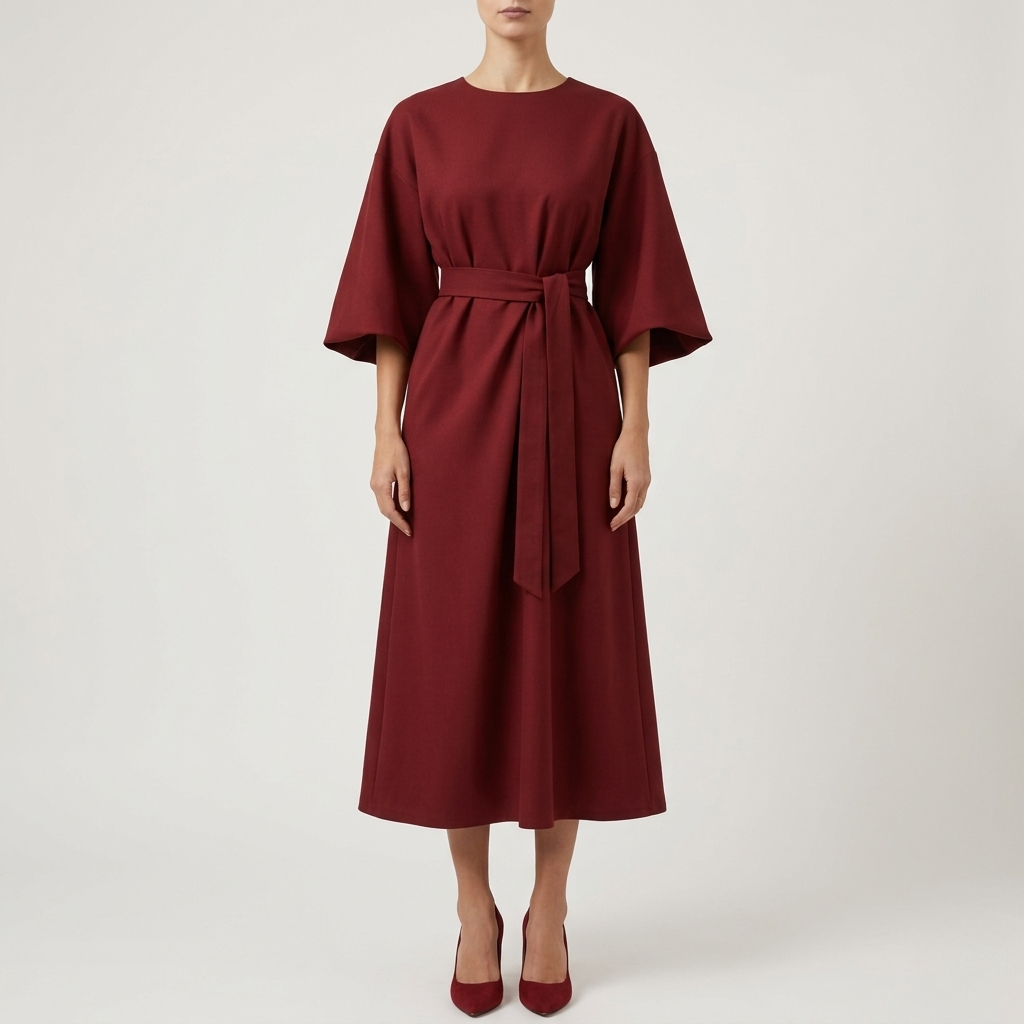 Sukienka midi damska z paskiem, szerokie rękawy, elegancka sukienka casual z długim rękawem