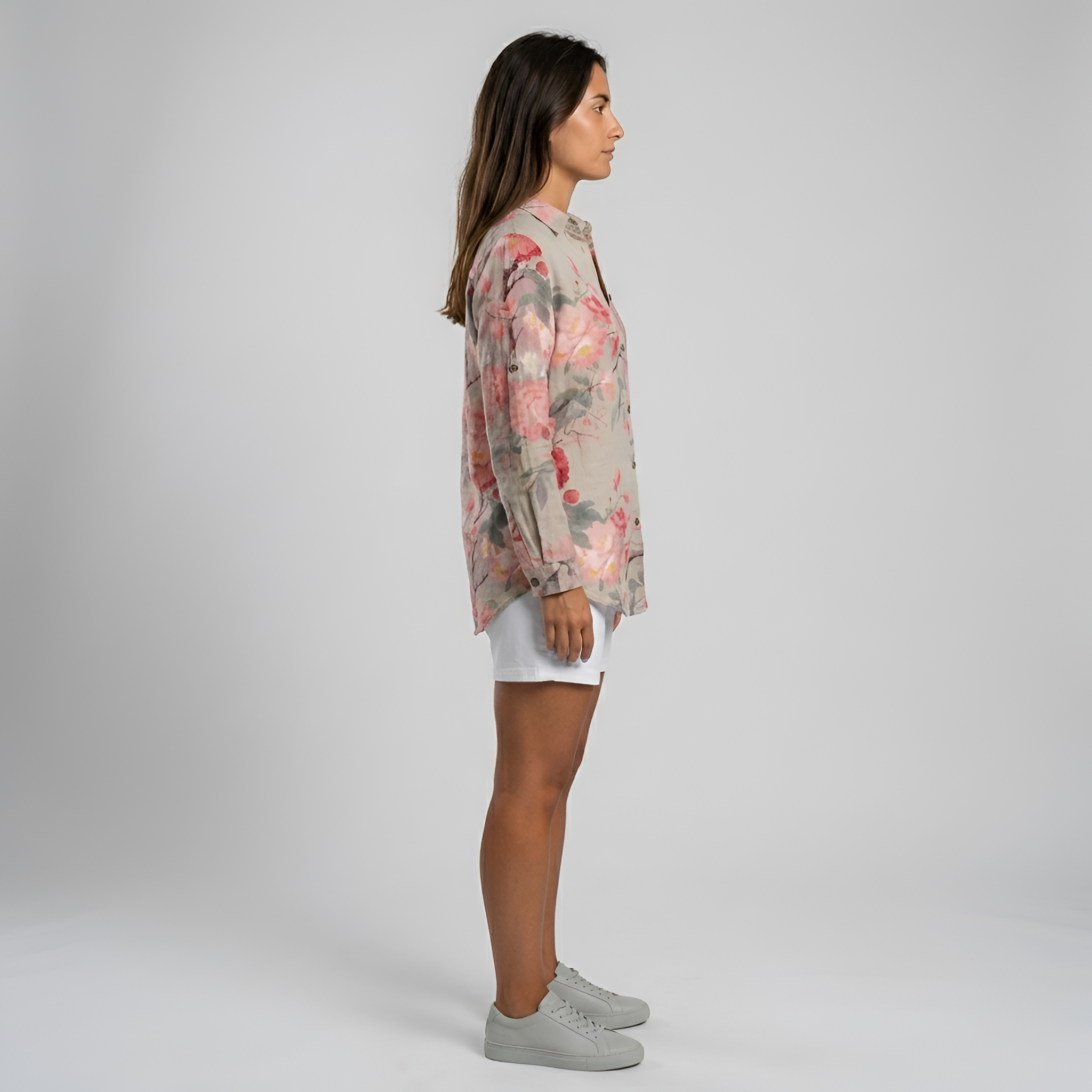 Camisa longa feminina floral em algodão com botões, manga comprida casual de verão