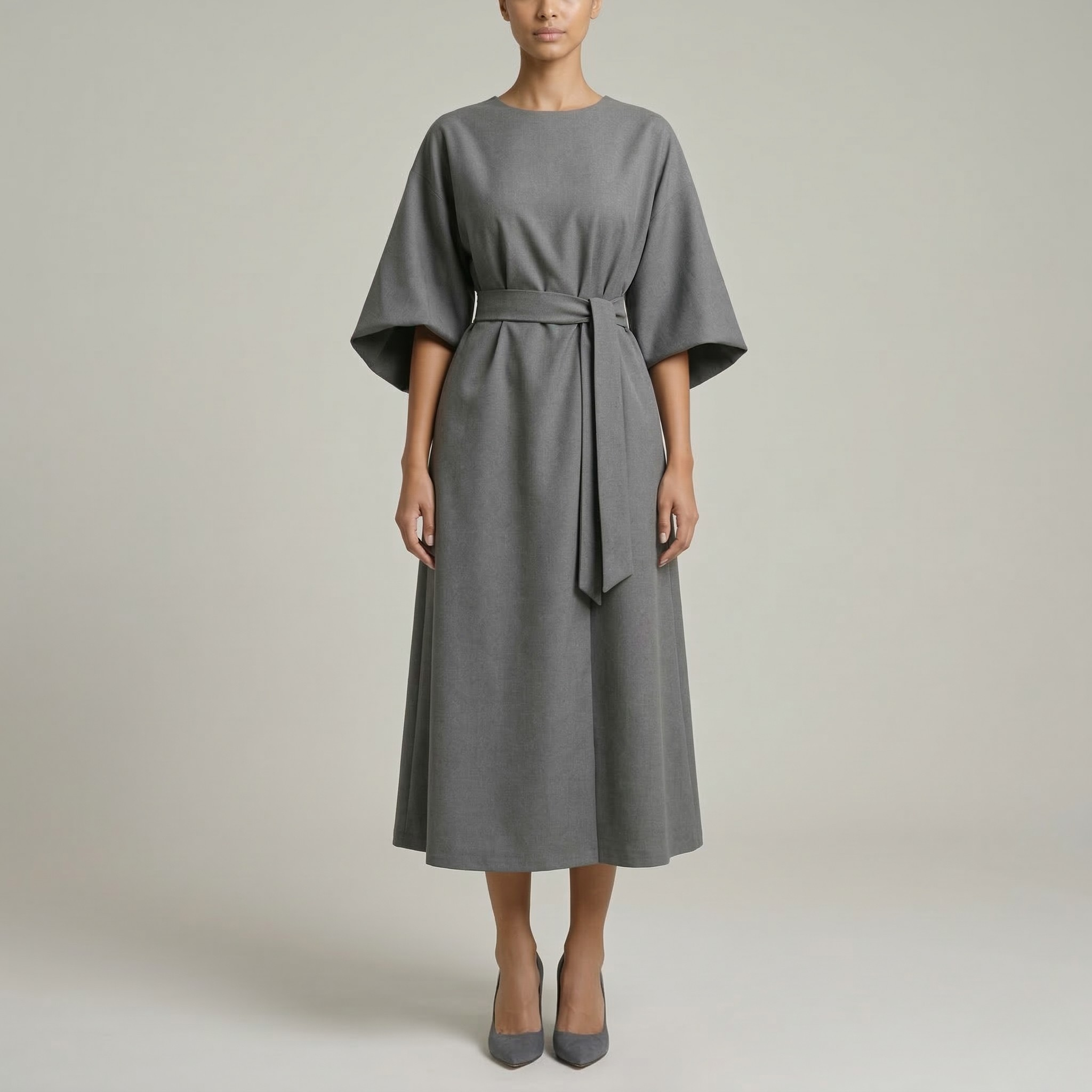 Sukienka midi damska z paskiem, szerokie rękawy, elegancka sukienka casual z długim rękawem