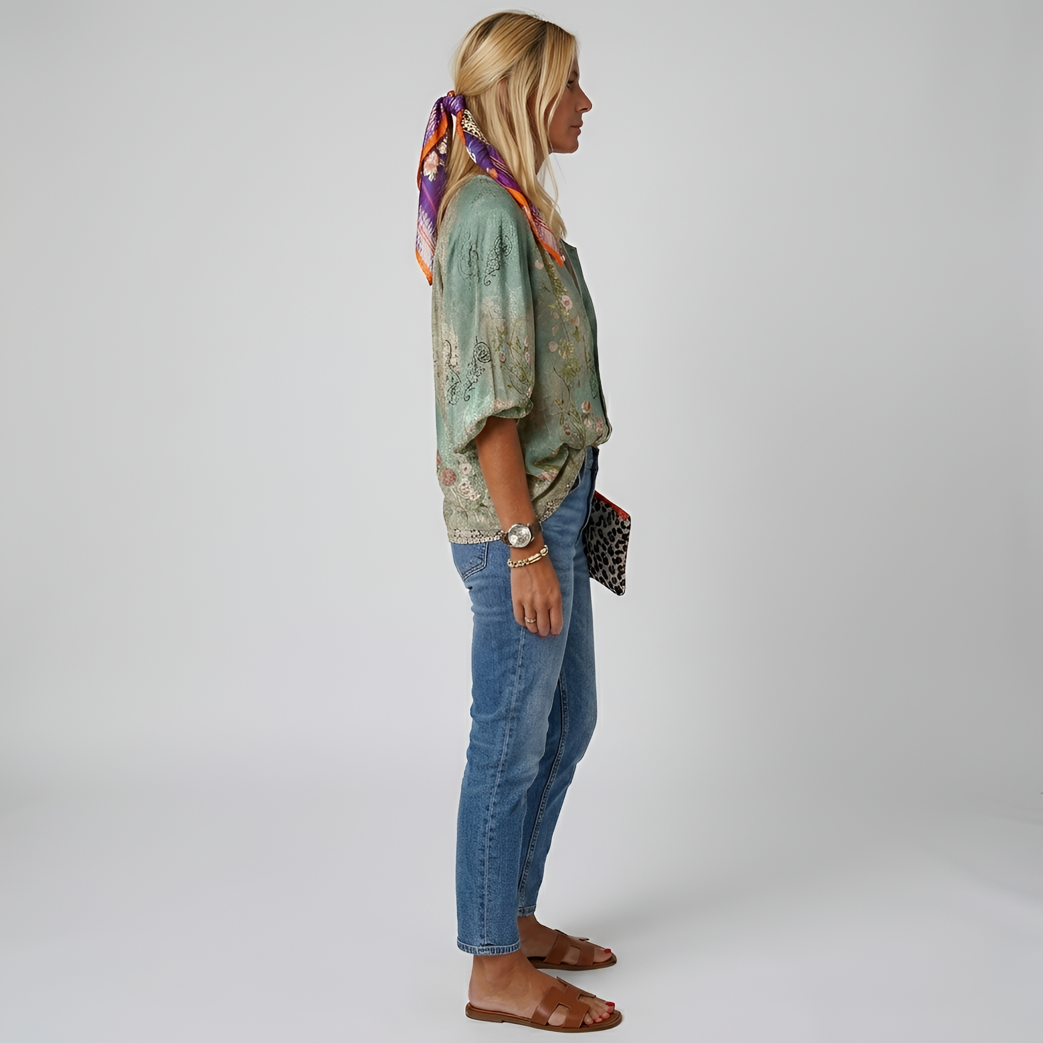 Blusa de Verão Dames com Estampa, Fecho de Botões e Mangas Médias